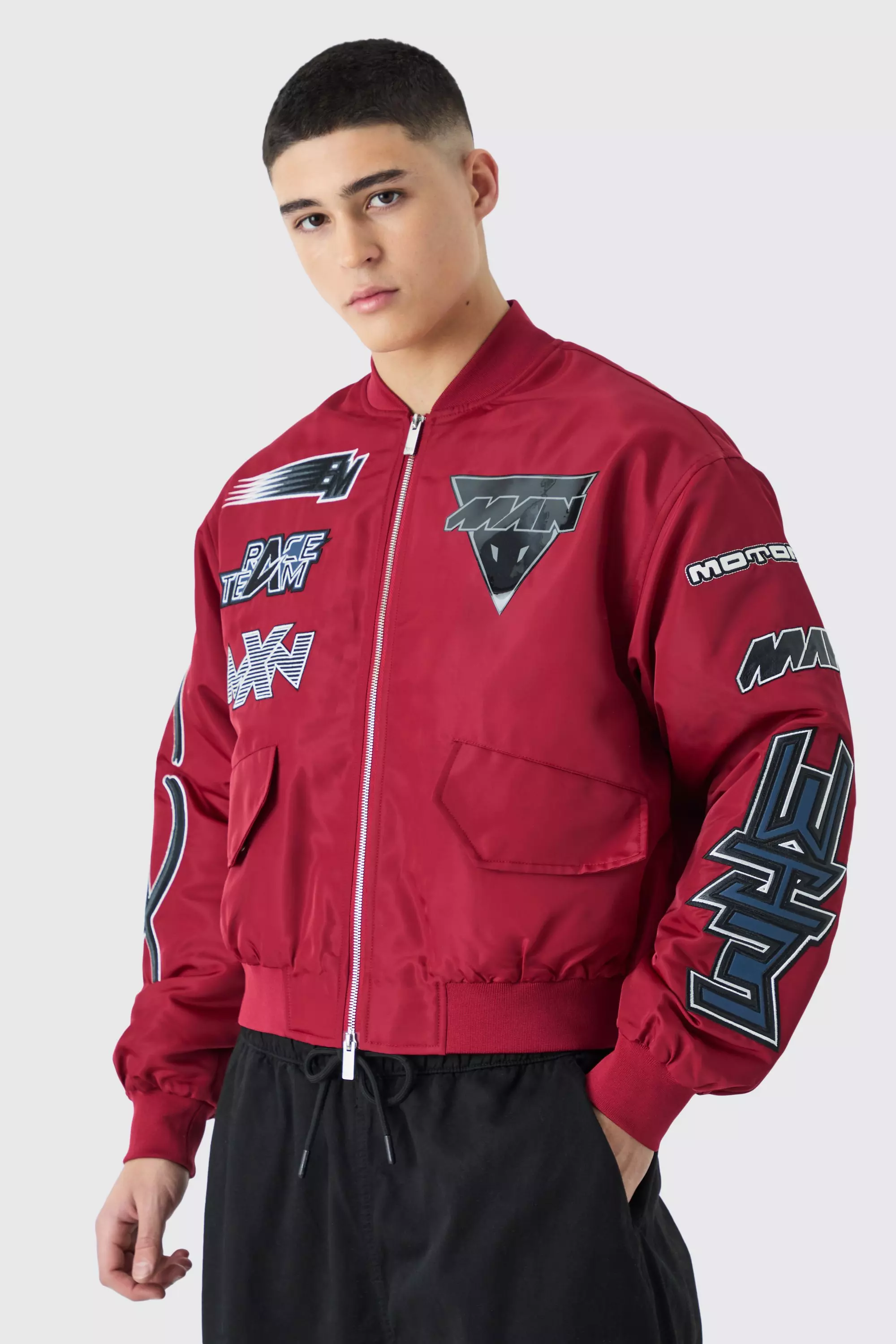 Boxy High Shine Nylon Moto Bomber Wine