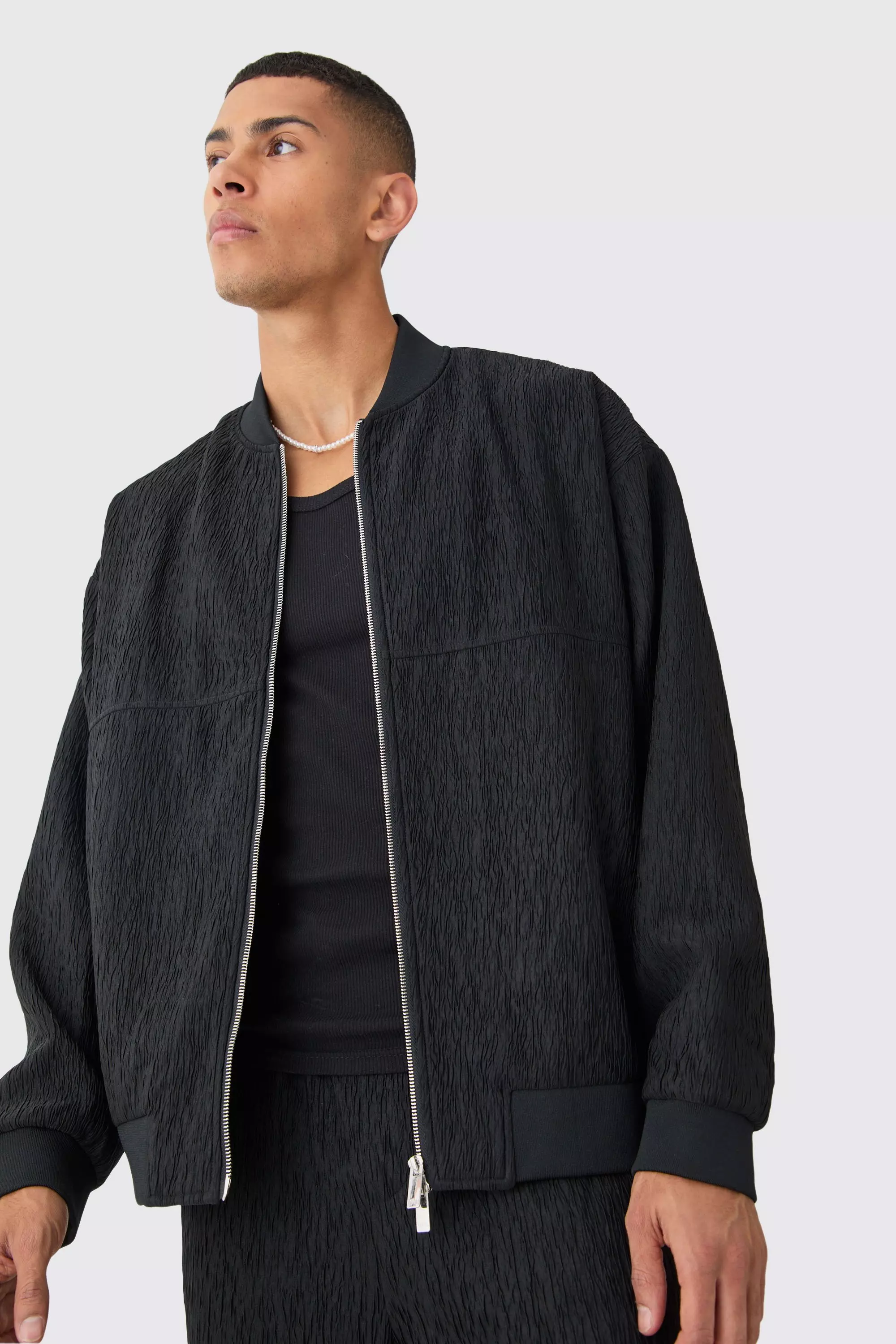 Black Textured Satin Smart Bomber Jacket