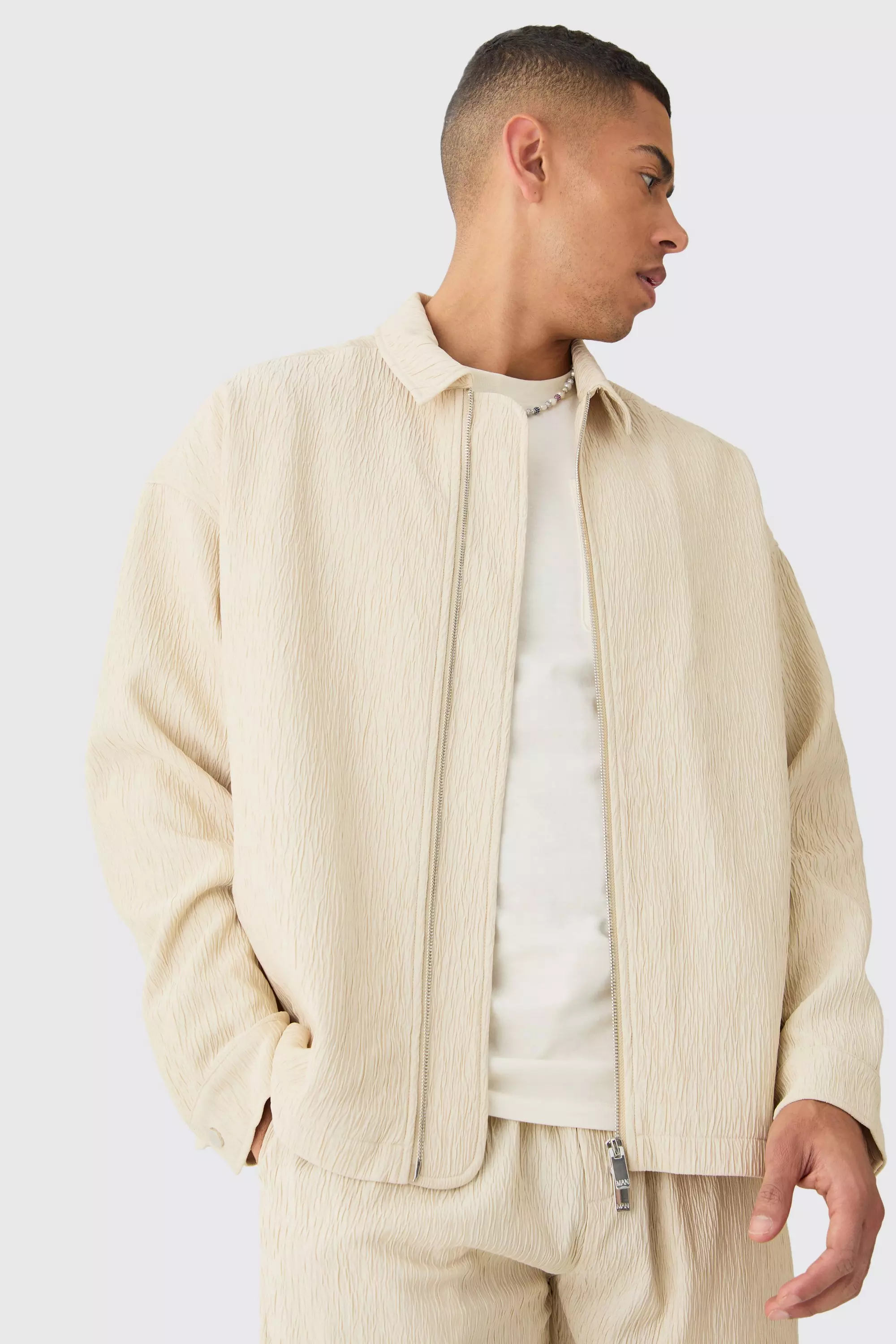 Ecru White Textured Satin Smart Harrington Jacket