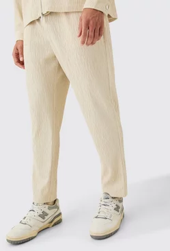 Ecru White Textured Satin Smart Tapered Trousers
