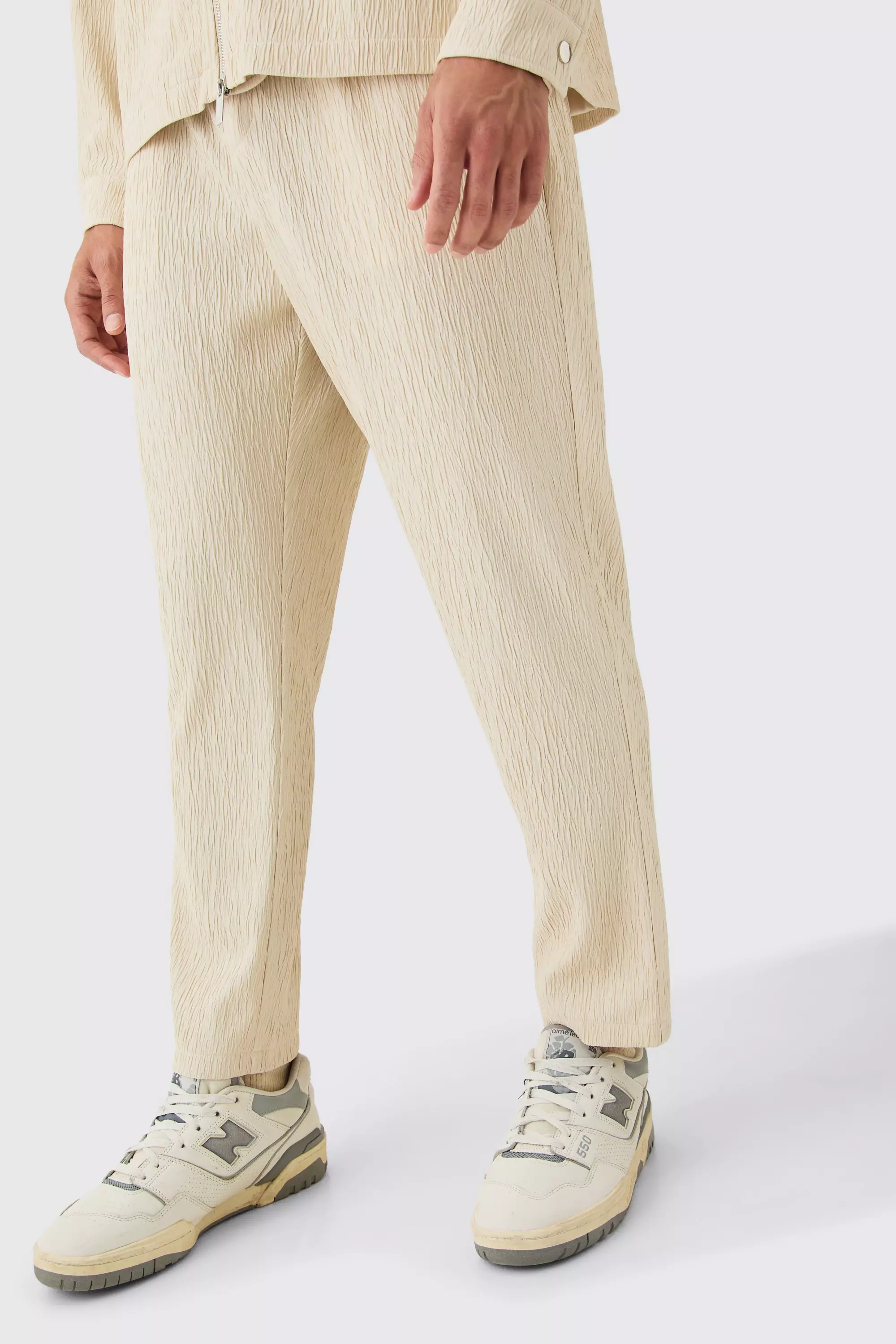 Ecru White Textured Satin Smart Tapered Trousers