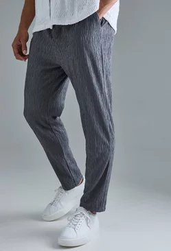 Blue Textured Satin Smart Tapered Trousers