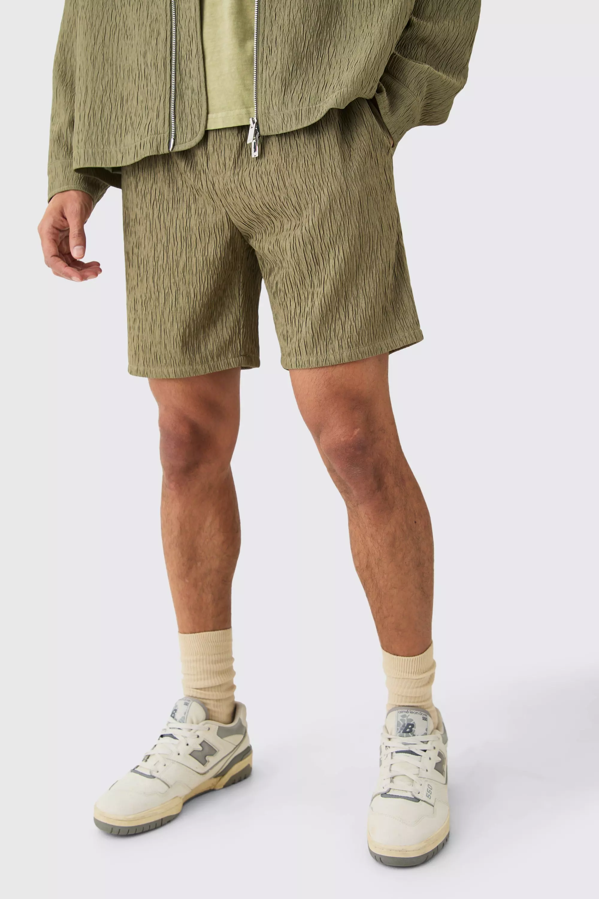 Khaki Textured Satin Elasticated Waist Shorts alternative image