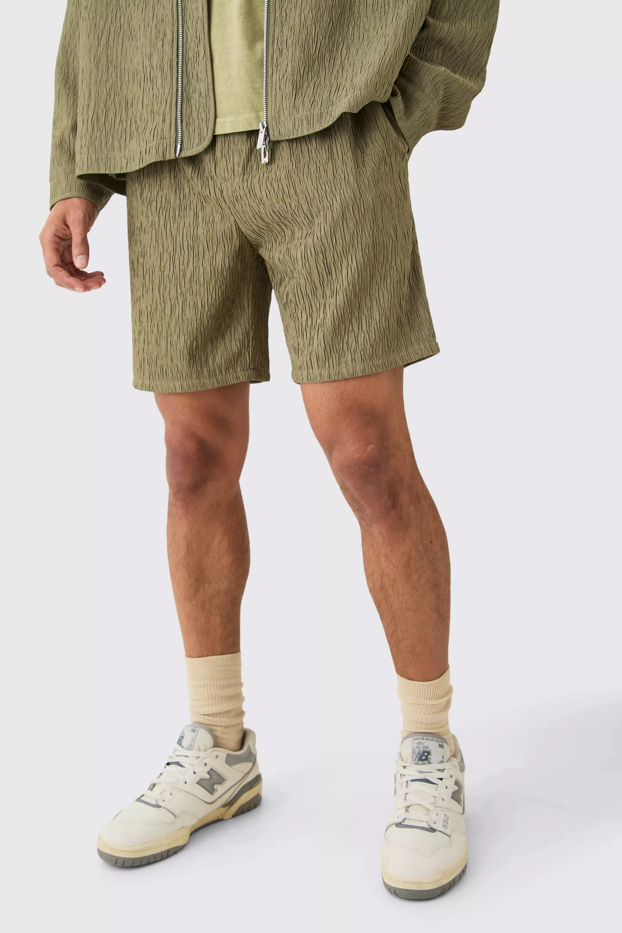 Khaki Textured Satin Smart Shorts