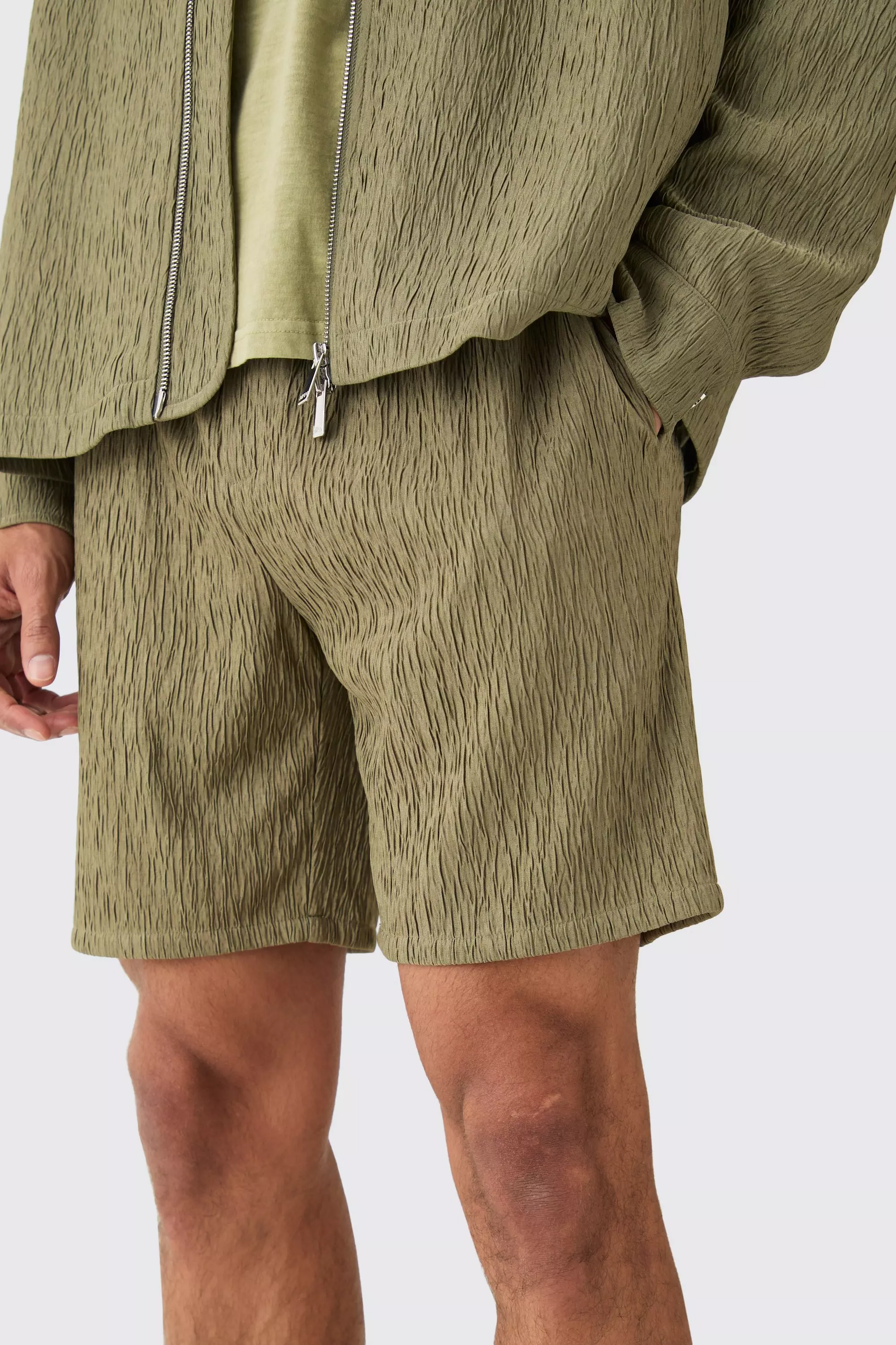 Khaki Textured Satin Elasticated Waist Shorts alternative image