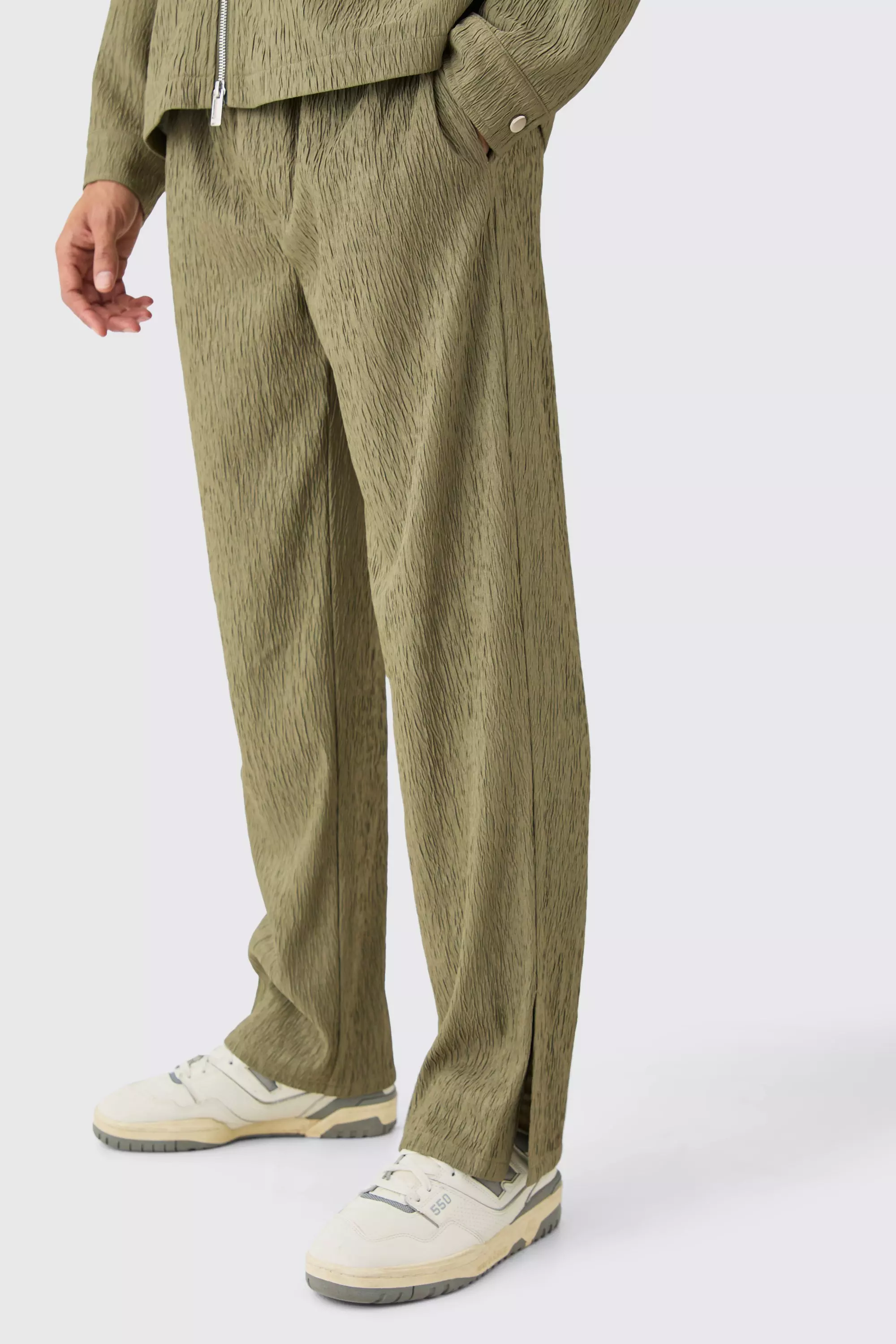 Khaki Textured Satin Smart Split Hem Trousers