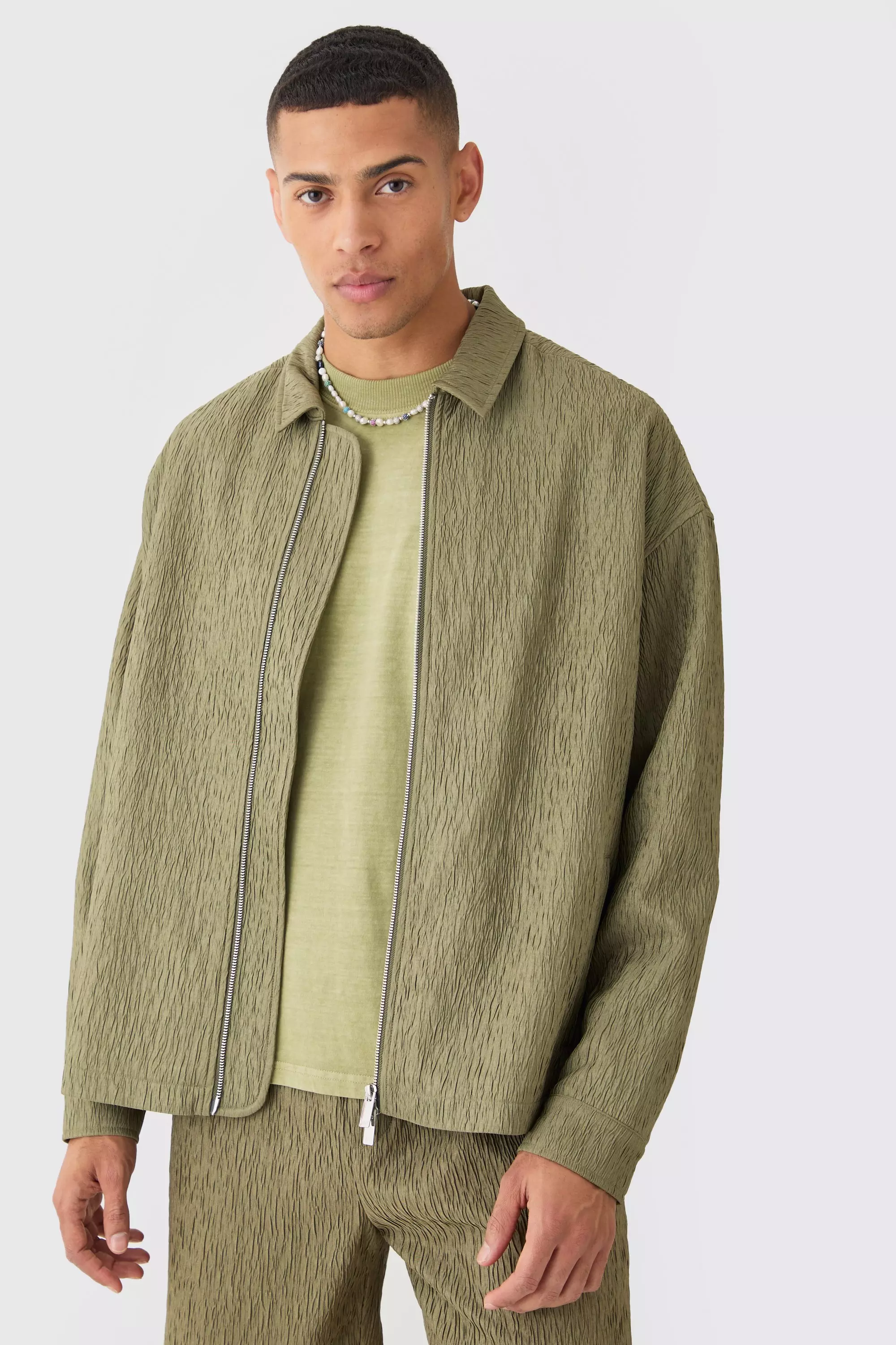 Khaki Textured Satin Oversized Fit Zip Up Harrington Jacket alternative image