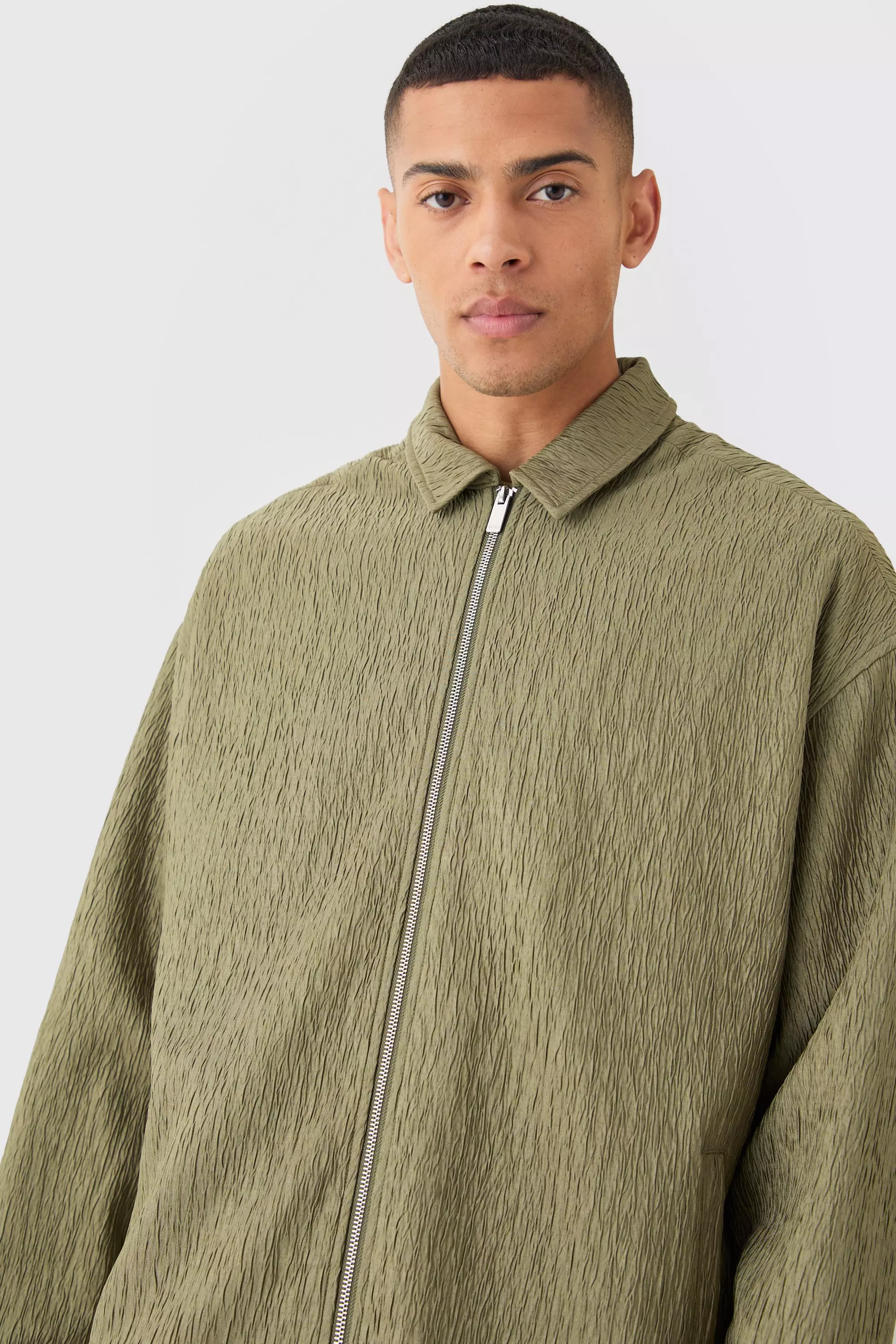 Smarte strukturierte Satin Harrington-Jacke, Khaki alternatives Bild