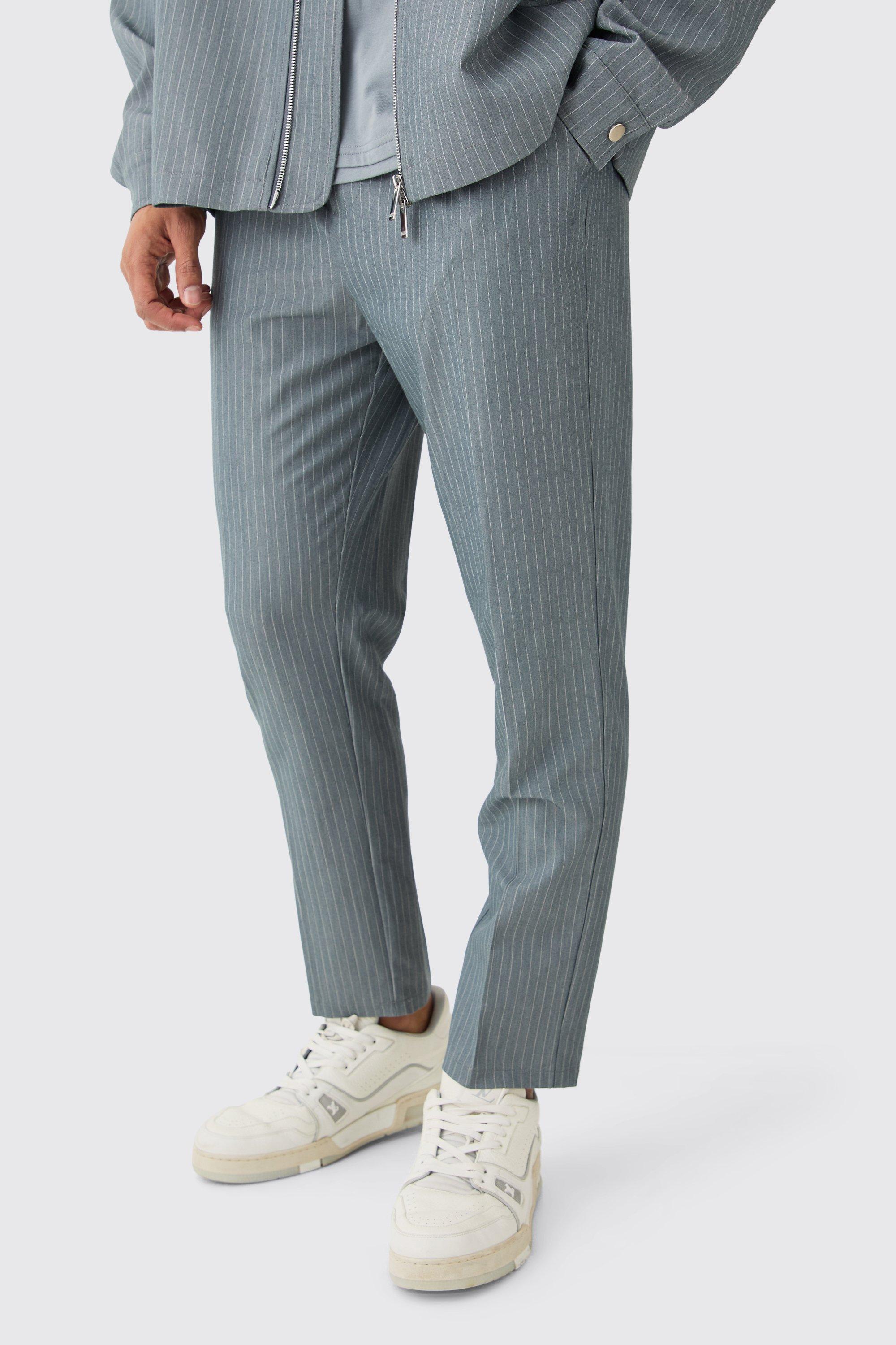 Grey Pinstripe Elasticated Waist Tapered Trousers