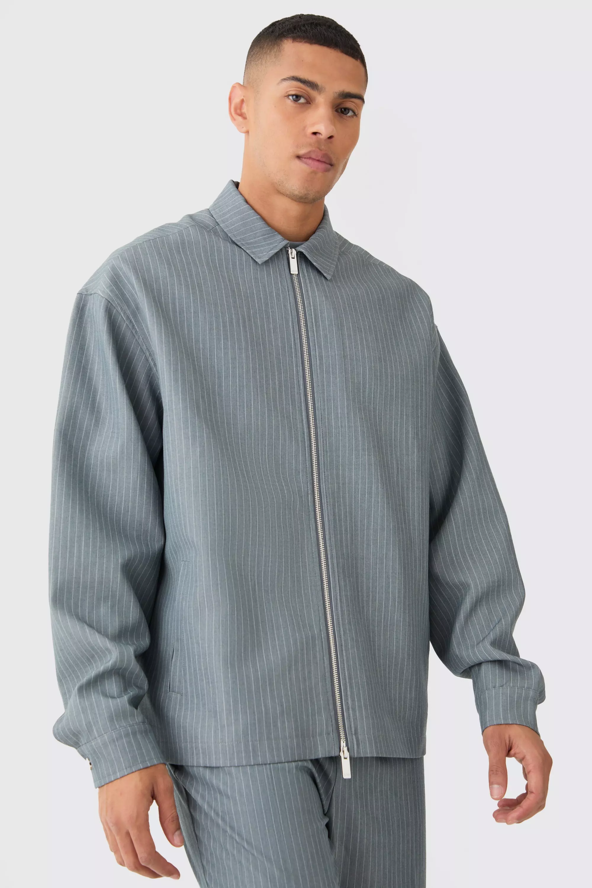 Pinstripe Smart Harrington Jacket Grey