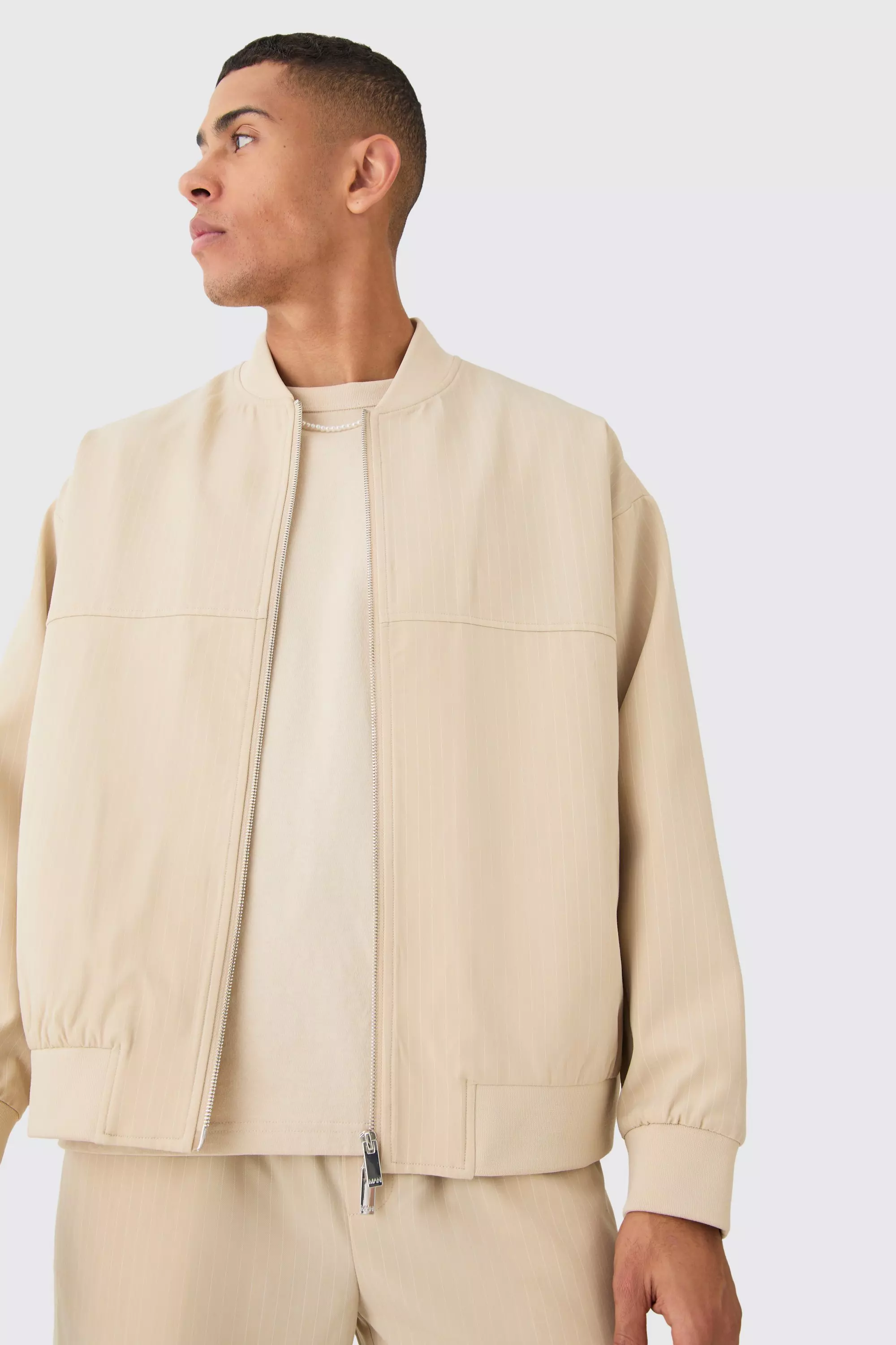 Pinstripe Oversized Smart Bomber Jacket Beige