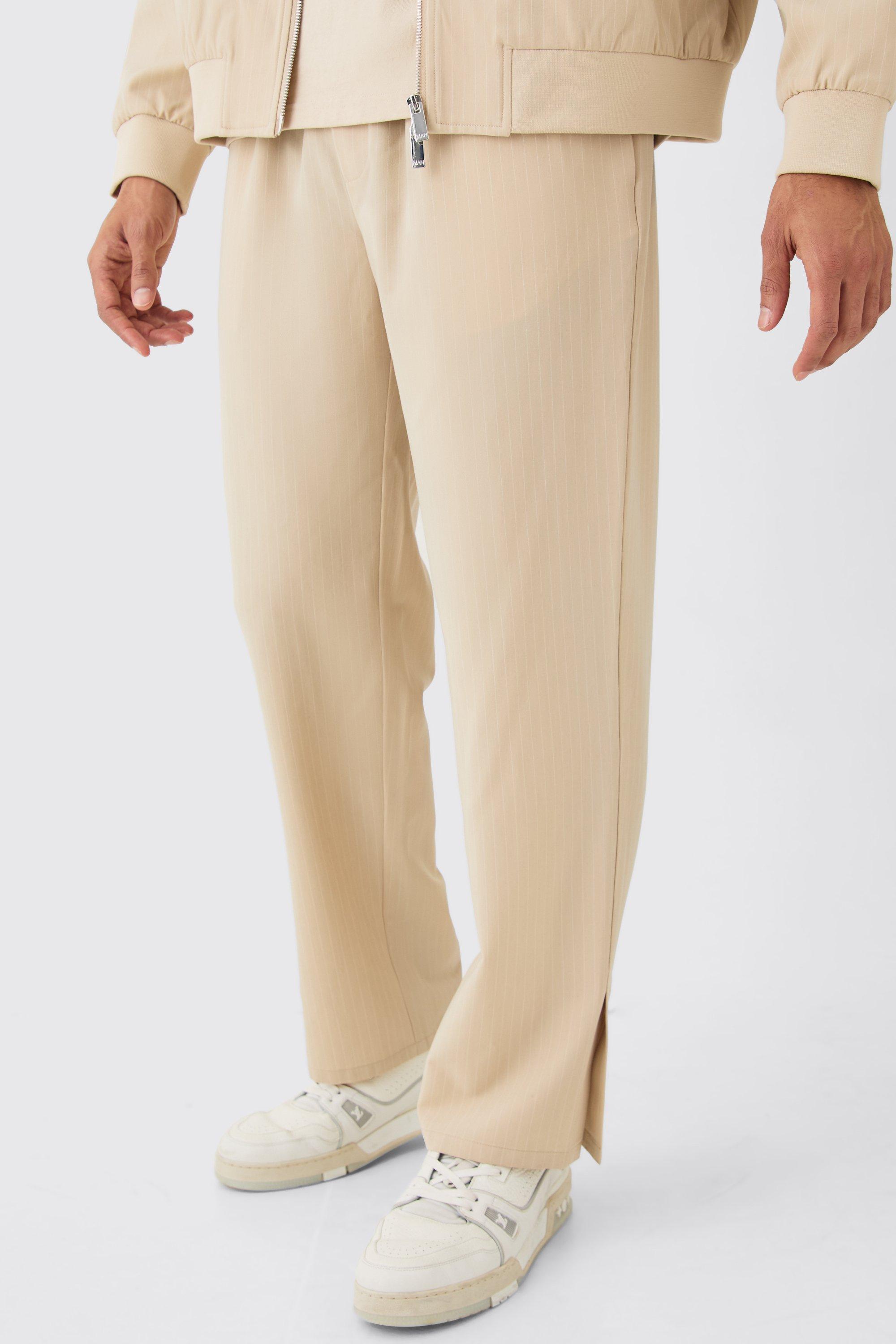 Smarte Nadelstreifen-Hose mit geteiltem Saum, Beige