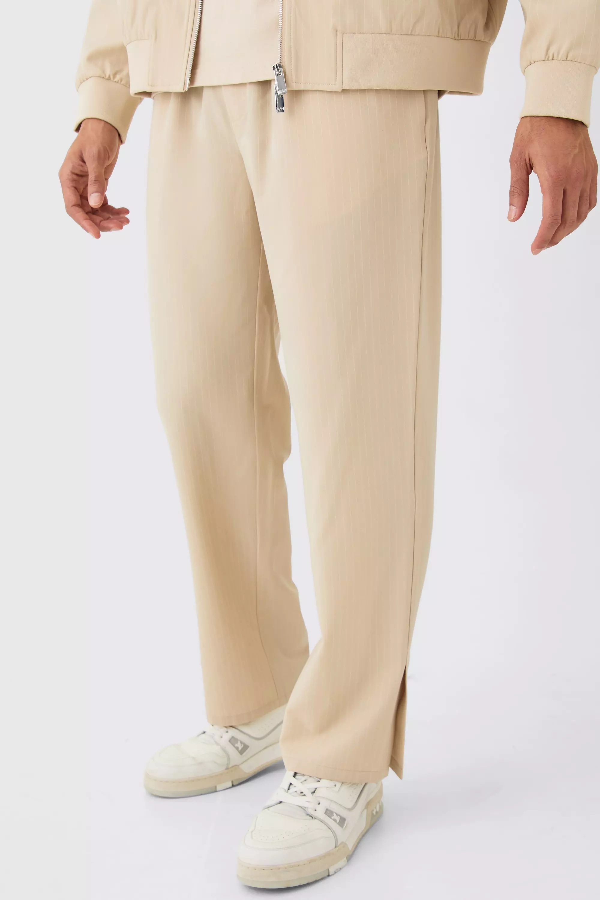 Beige Pinstripe Smart Split Hem Trousers