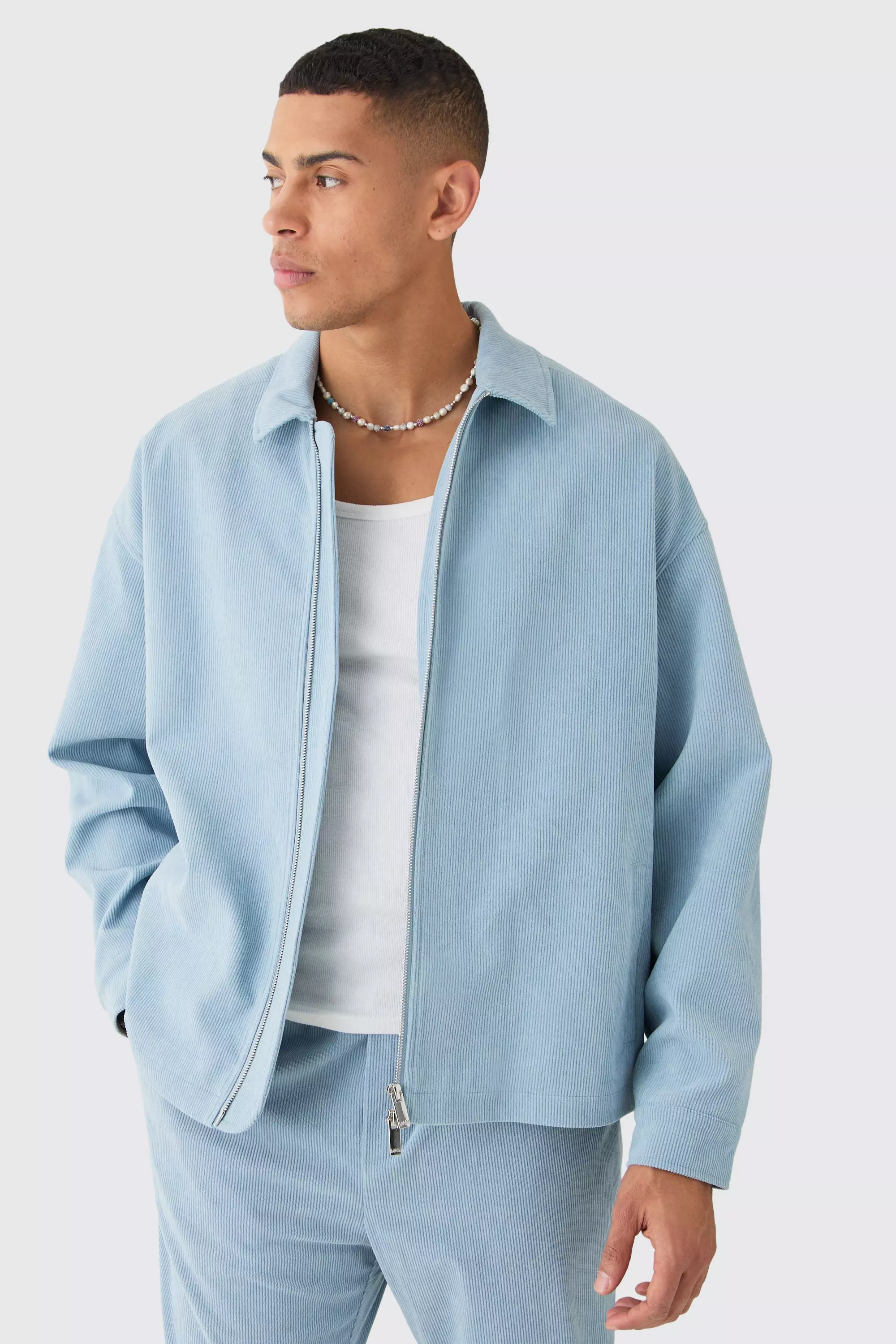 Corduroy Boxy Fit Zip Up Harrington Jacket sky