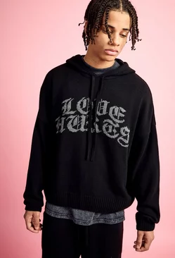 Boxy Knitted Hoodie With Gothic Font Graphic Black