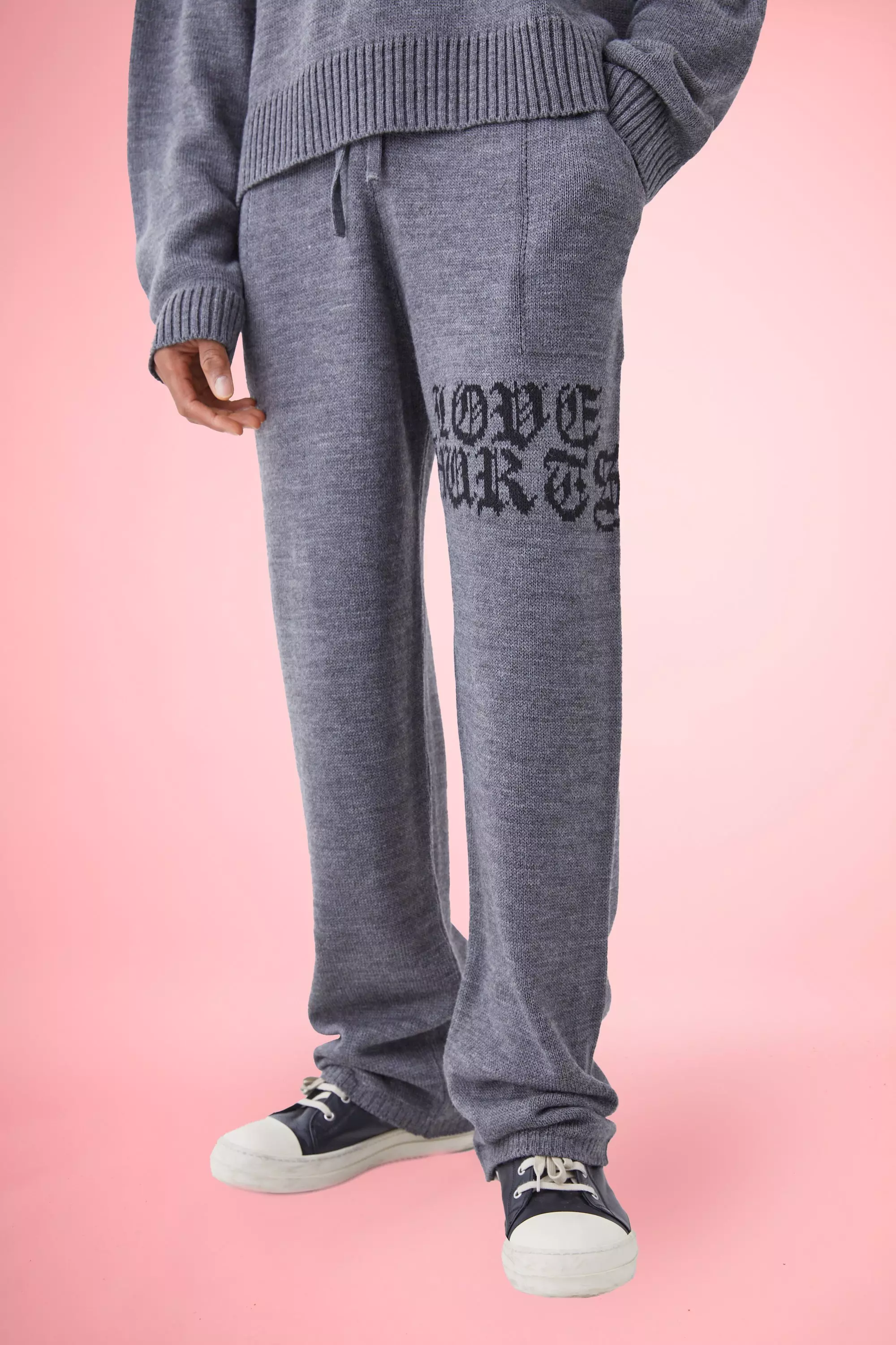 Charcoal Grey Relaxed Knitted Joggers With Gothic Font