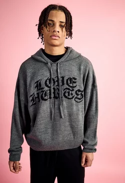 Boxy Knitted Hoodie With Gothic Font Graphic Charcoal