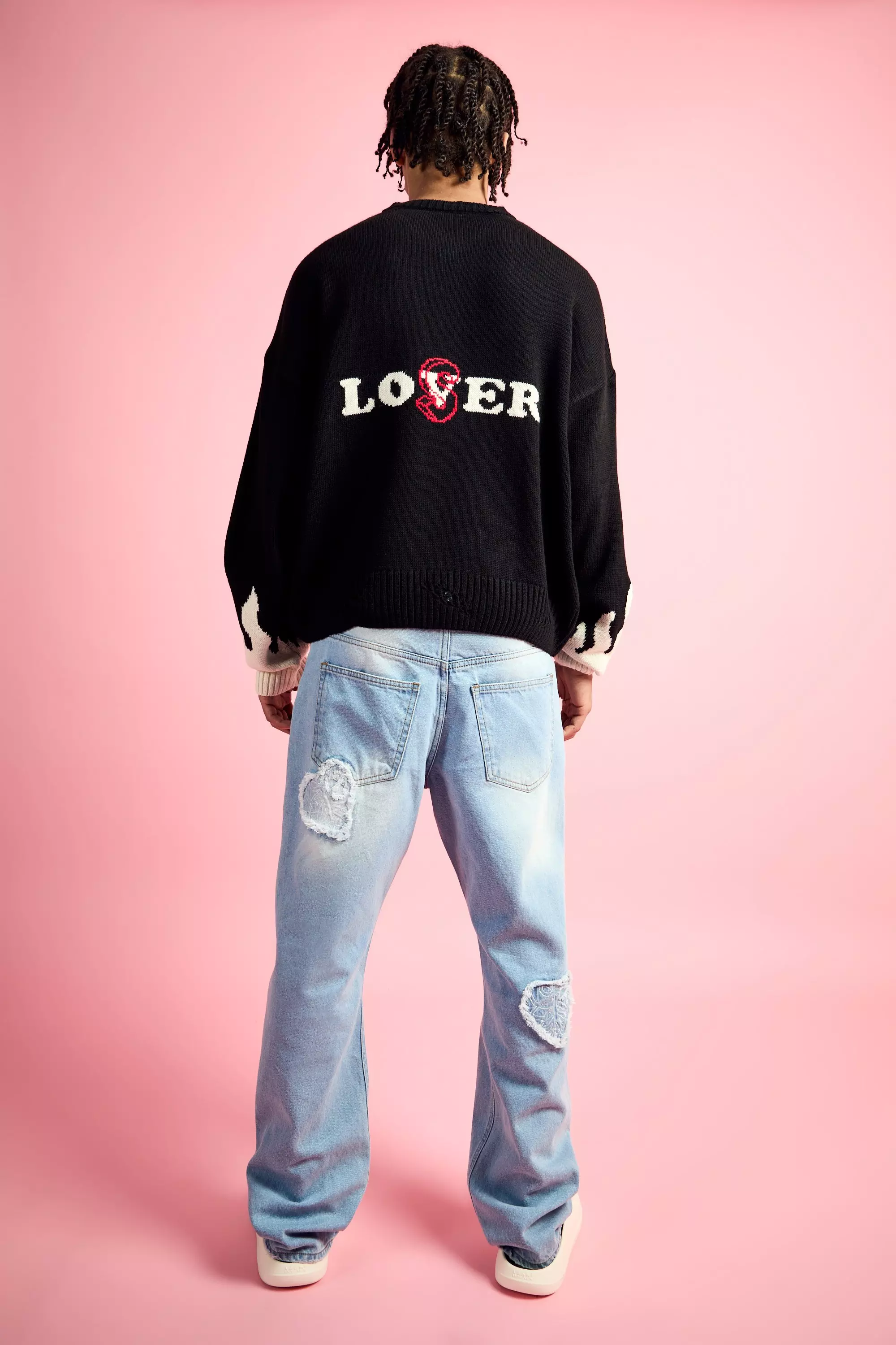 Black Boxy Drop Shoulder V Neck Graphic Sweater alternative image