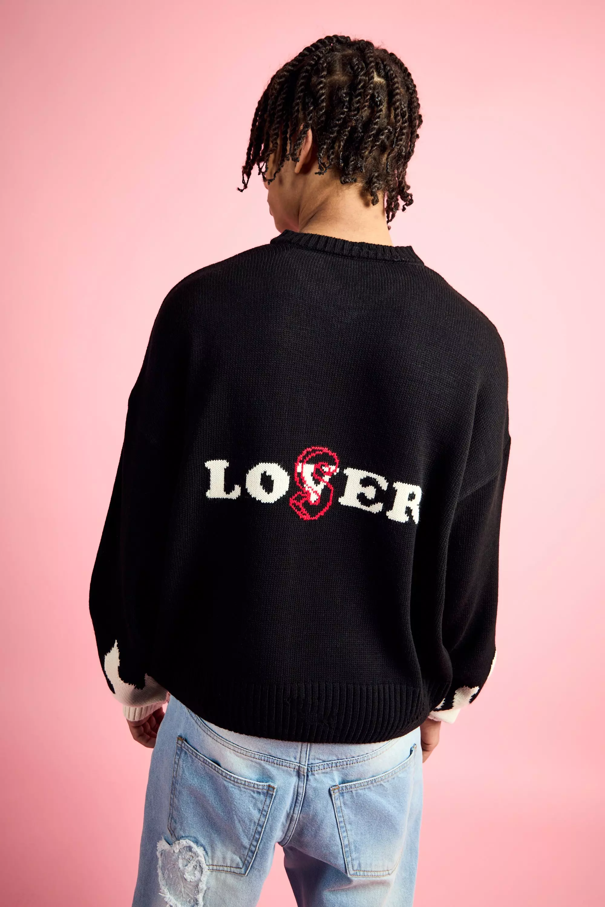 Black Boxy Drop Shoulder V Neck Graphic Sweater alternative image