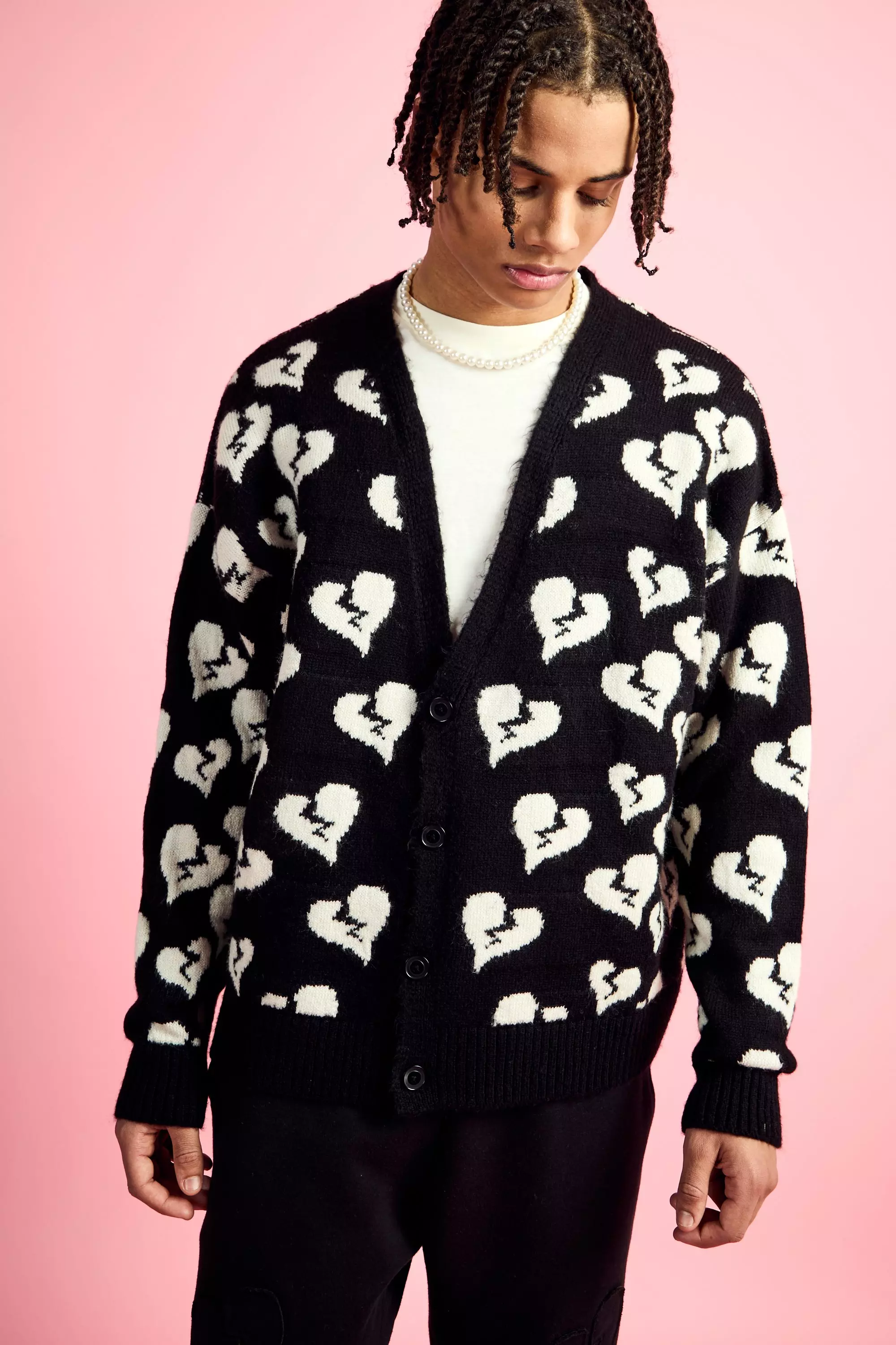 Oversized Fit Cardigan With All Over Print Black