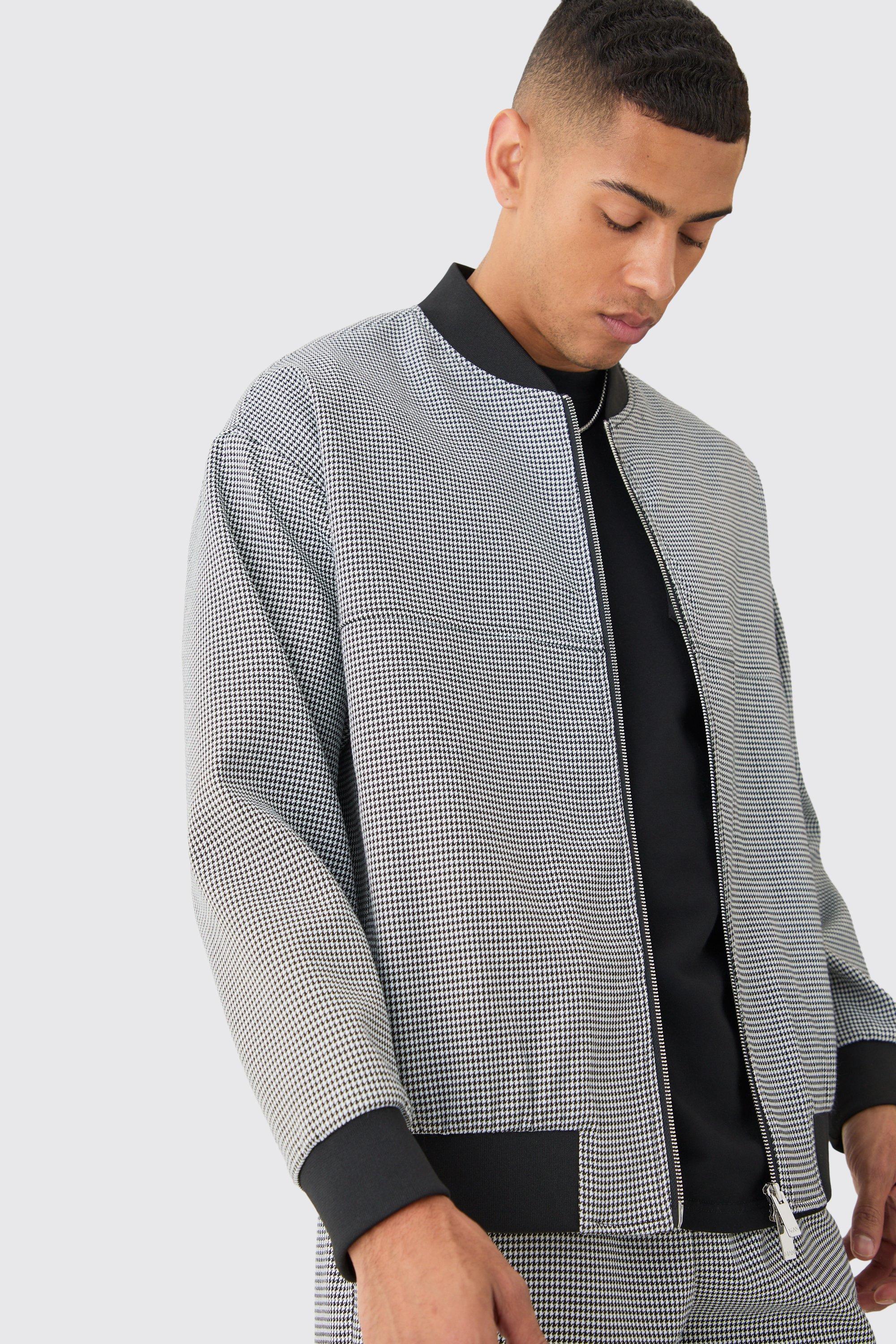 Black Houndstooth Checked Regular Fit Smart Bomber Jacket