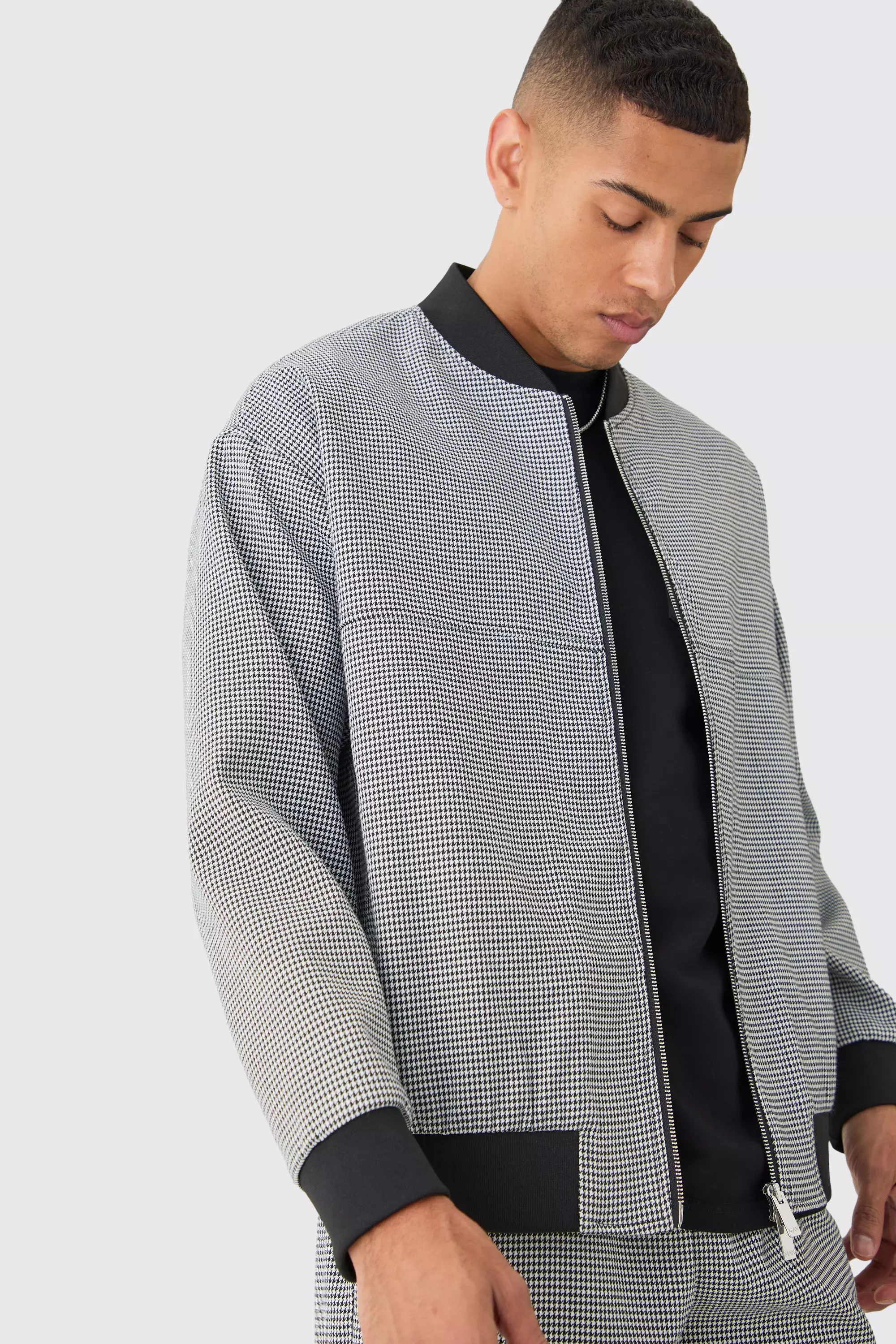 Black Houndstooth Check Smart Bomber Jacket