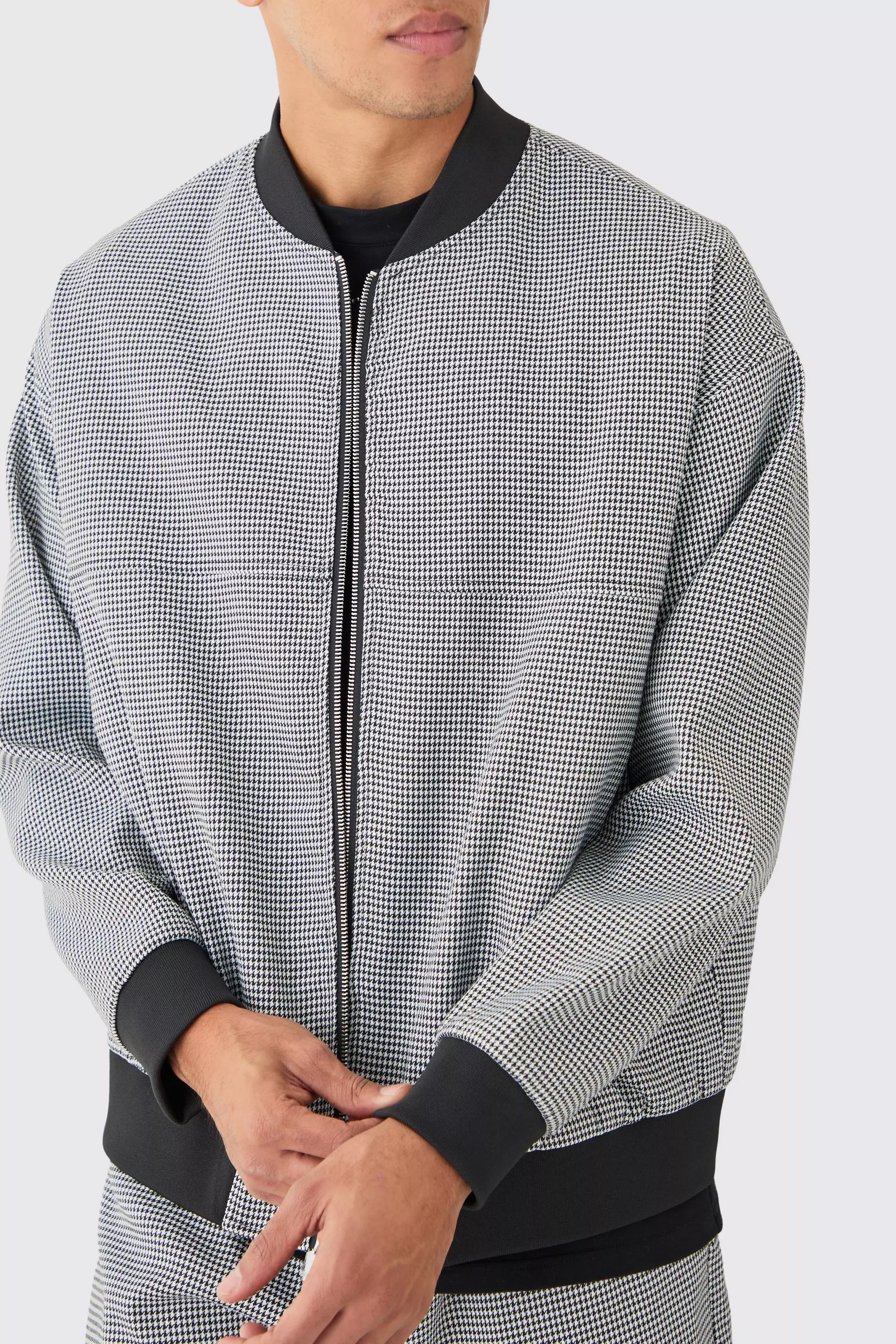 Houndstooth Checked Regular Fit Smart Bomber Jacket boohooMAN