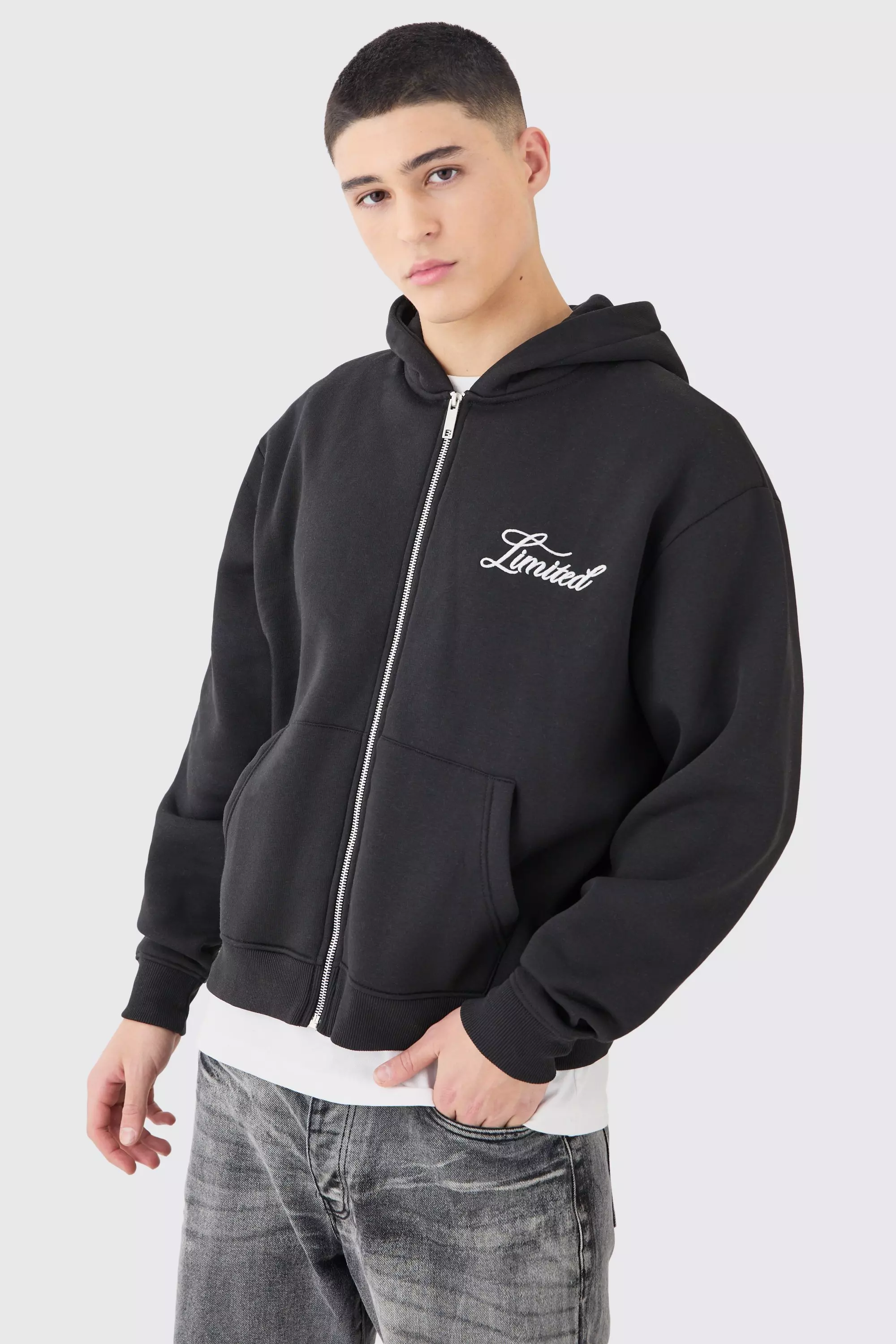 Limited Boxy Fit Zip Through Hoodie | boohooMAN USA