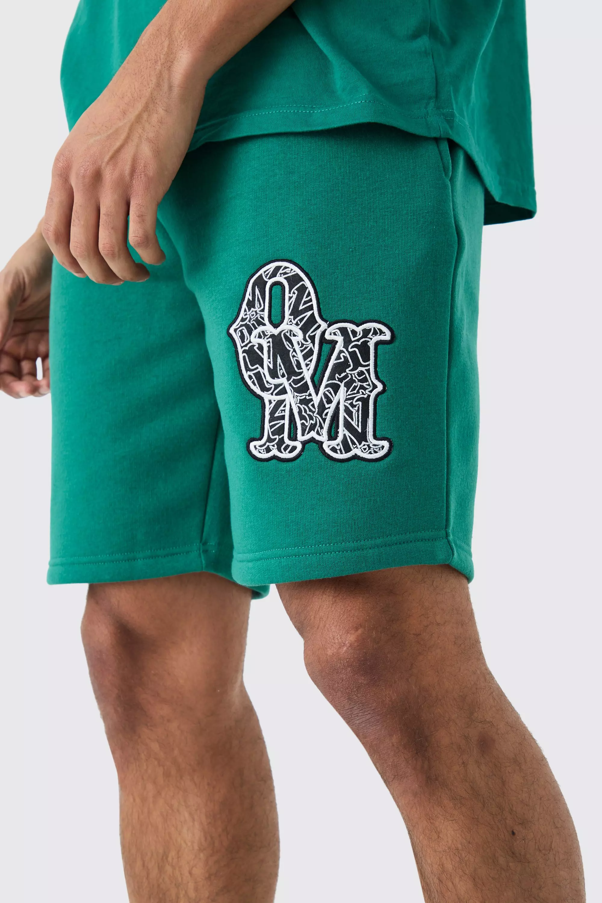 Loose Mid Length Applique Shorts Forest