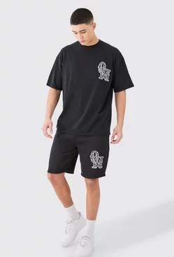 Oversized Applique T-shirt & Short Set Black
