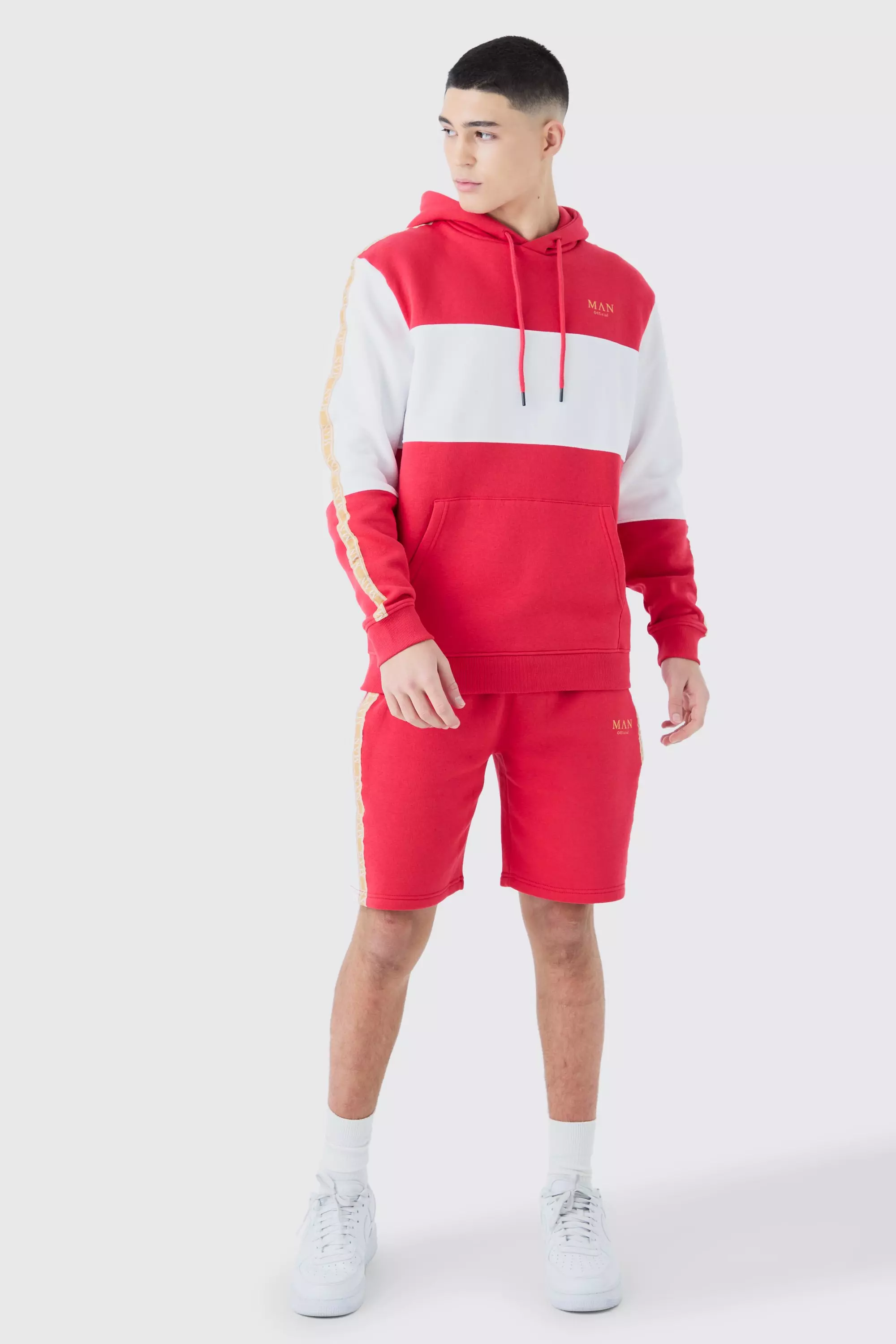 Red Colour Block Man Tape Short Tracksuit