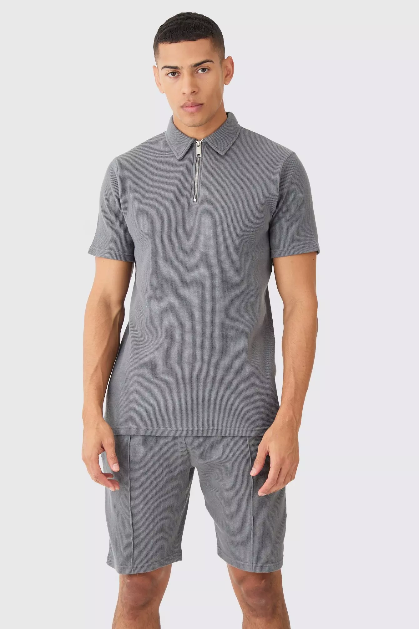 Charcoal Grey Slim Fit Waffle Polo & Short Set