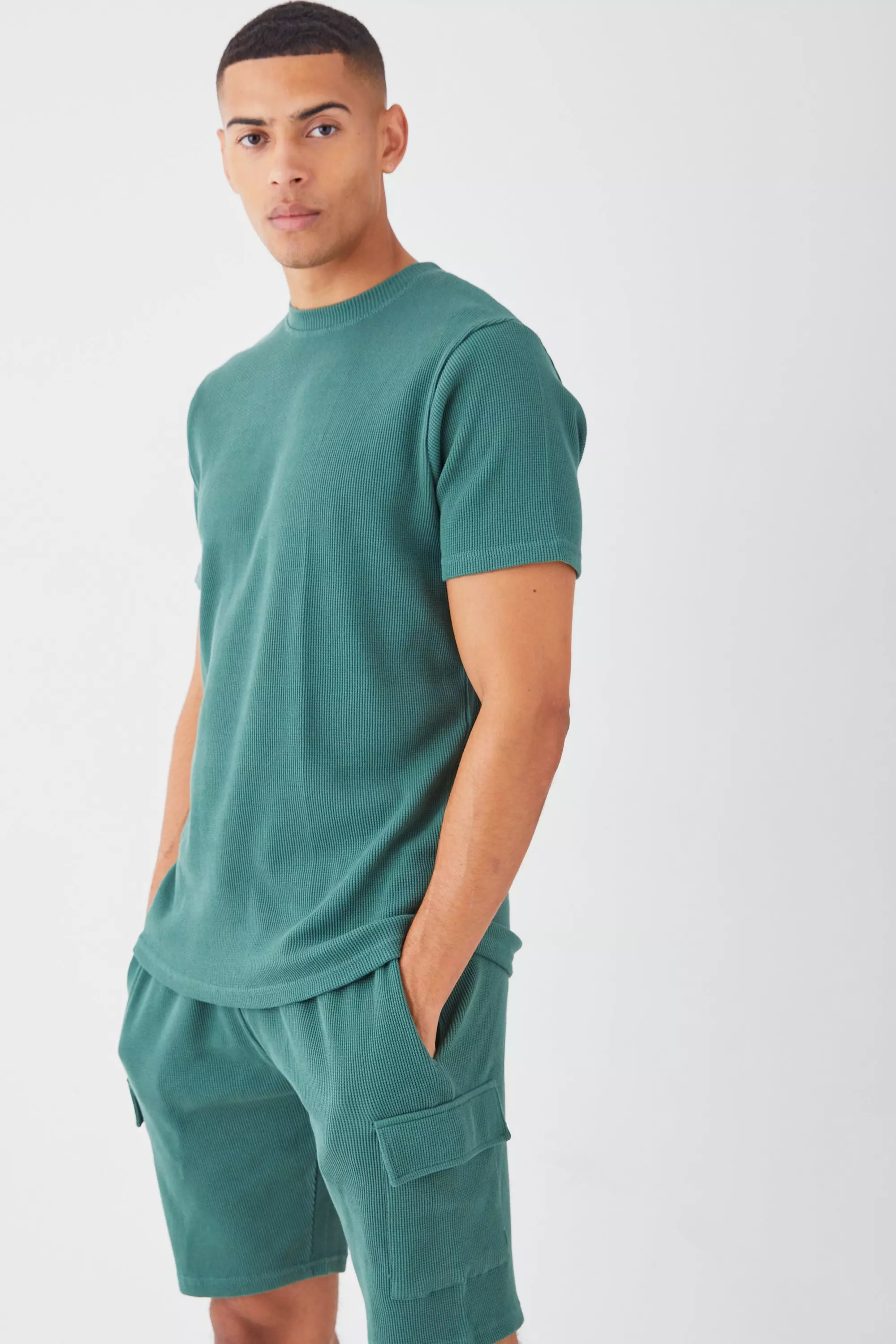 Slim Waffle T-shirt & Cargo Short Set | boohooMAN USA