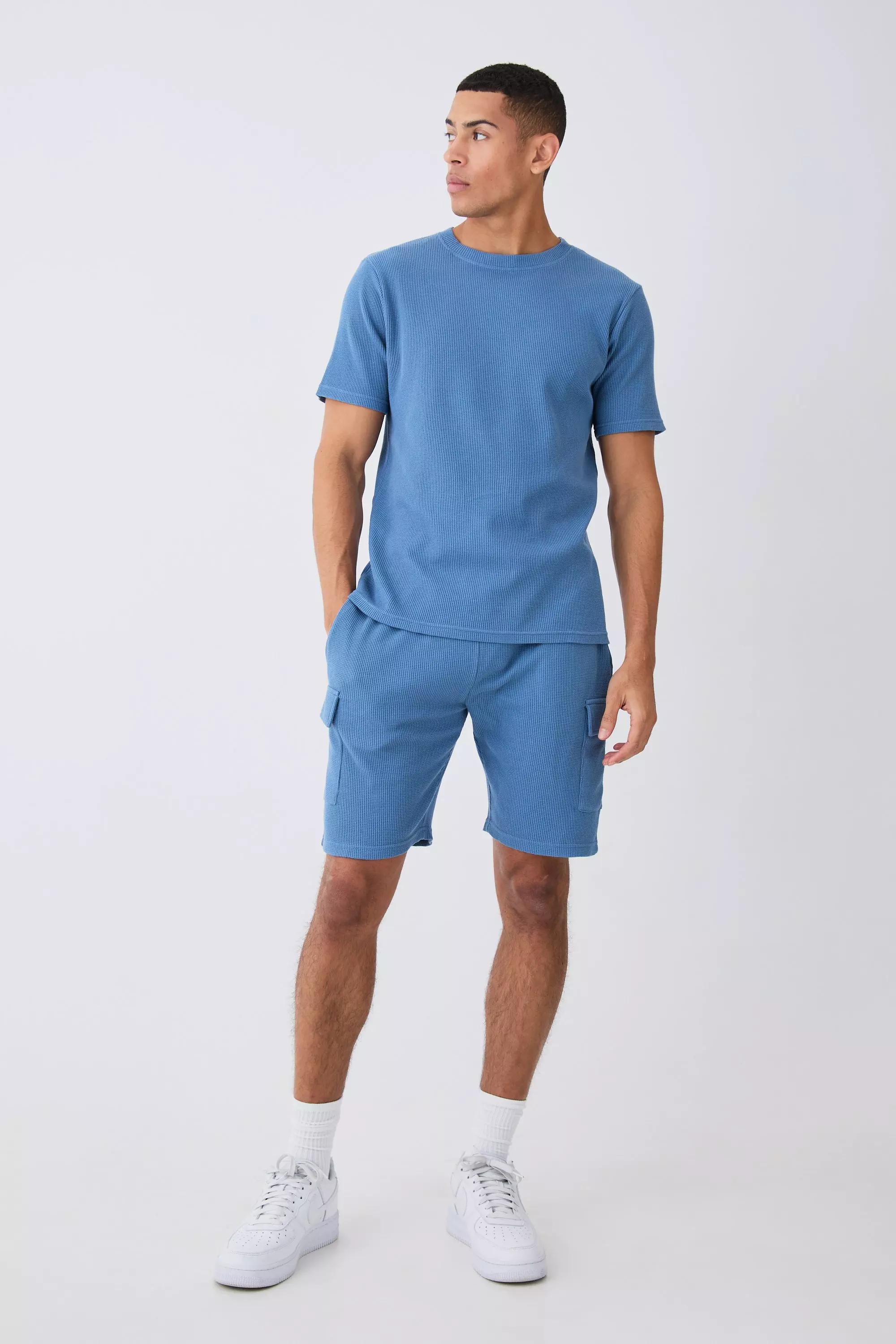 Slim Waffle T-shirt & Cargo Short Set slate blue