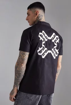 Tall Short Sleeve Drop Revere Back Embroidered Shirt Black