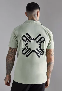 Tall Short Sleeve Drop Revere Back Embroidered Shirt Sage