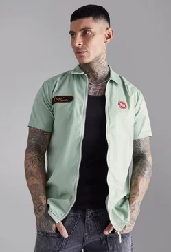 Sage Green Tall Short Sleeve Twill Zip Moto Shirt