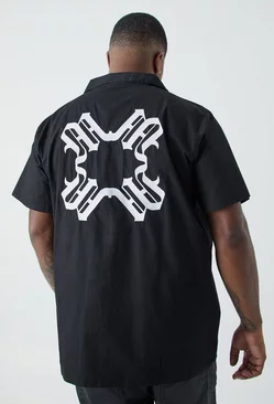 Plus Short Sleeve Drop Revere Back Embroidered Shirt Black