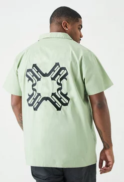 Sage Green Plus Short Sleeve Drop Revere Back Embroidered Shirt