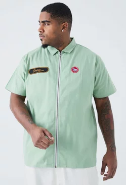 Sage Green Plus Short Sleeve Twill Zip Moto Shirt