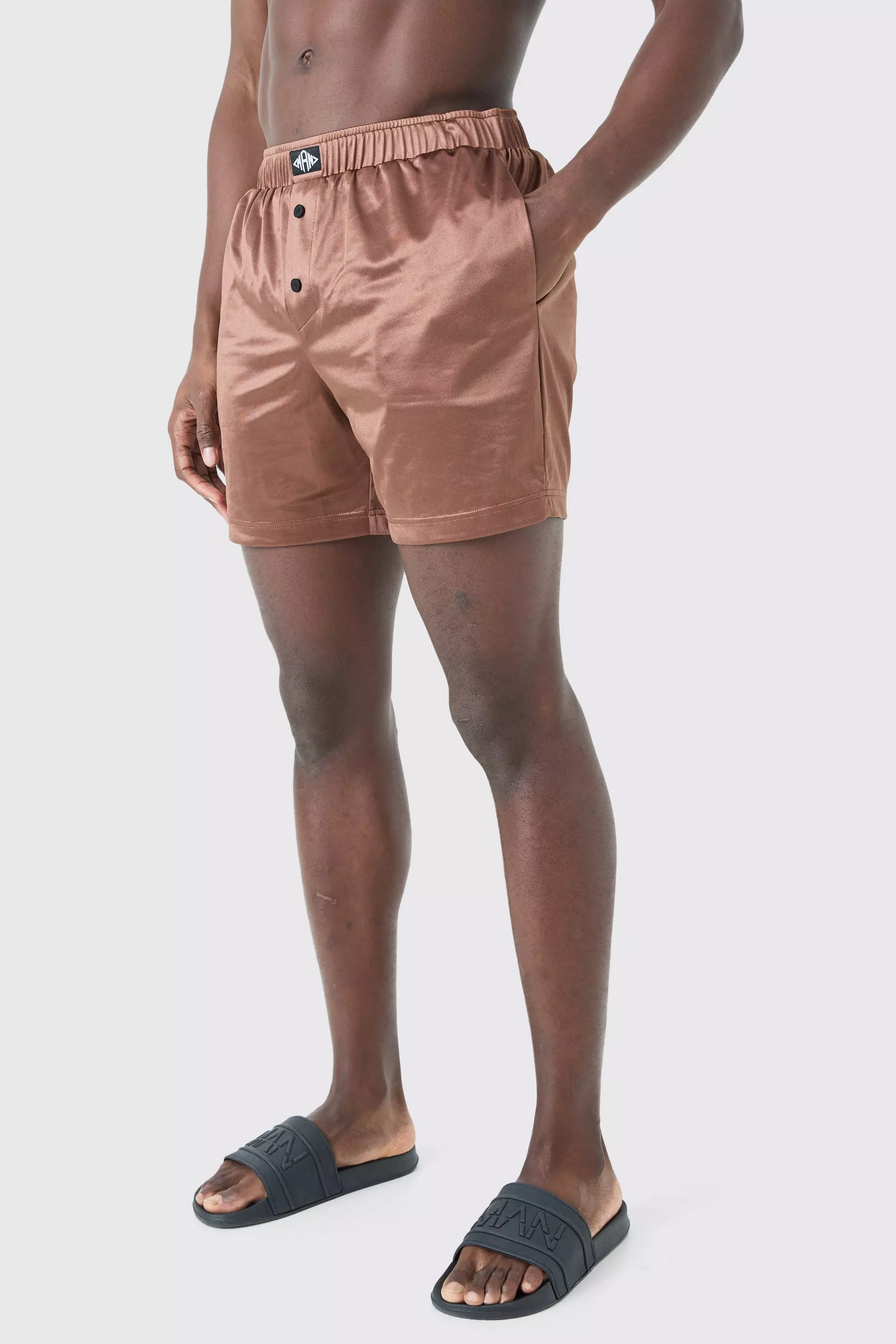 Mid Length Satin Swim Short Brown