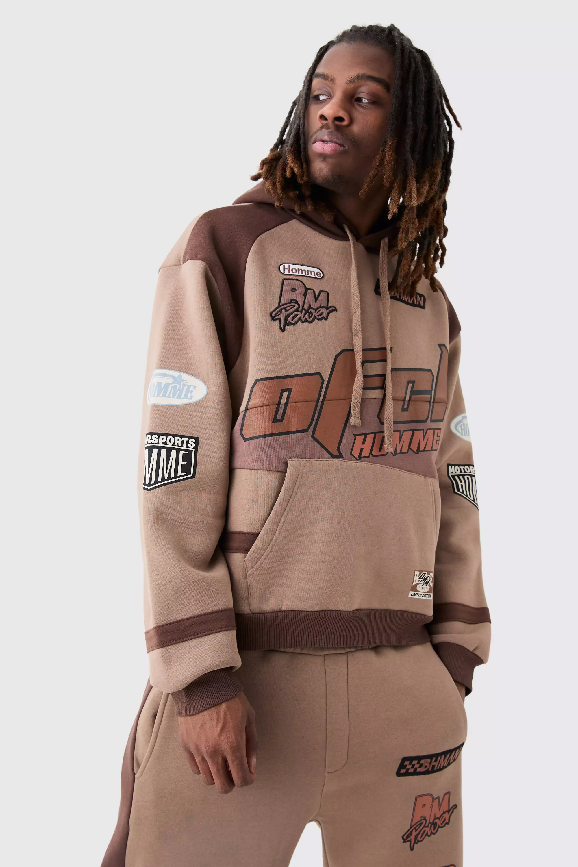 Oversized Boxy Moto Applique Hoodie coffee