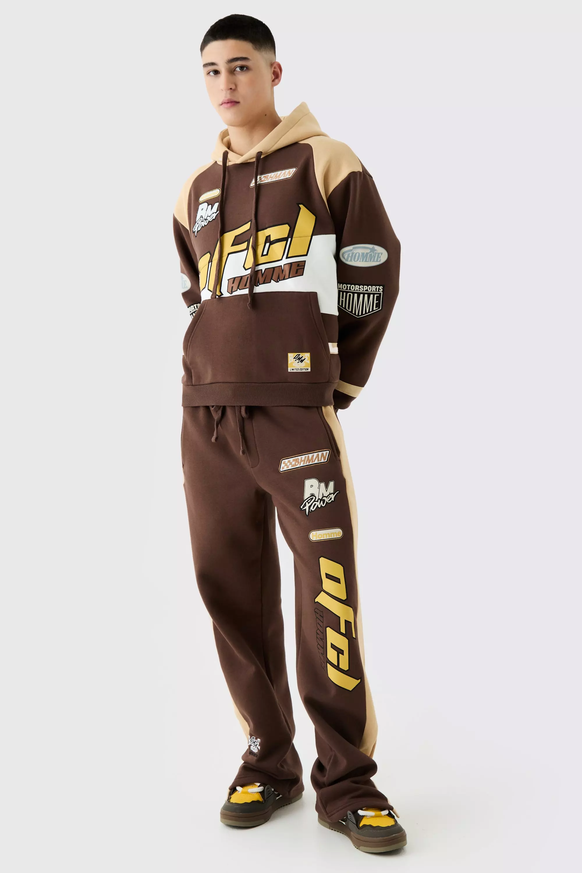 Oversized Boxy Applique Moto Hooded Tracksuit Brown