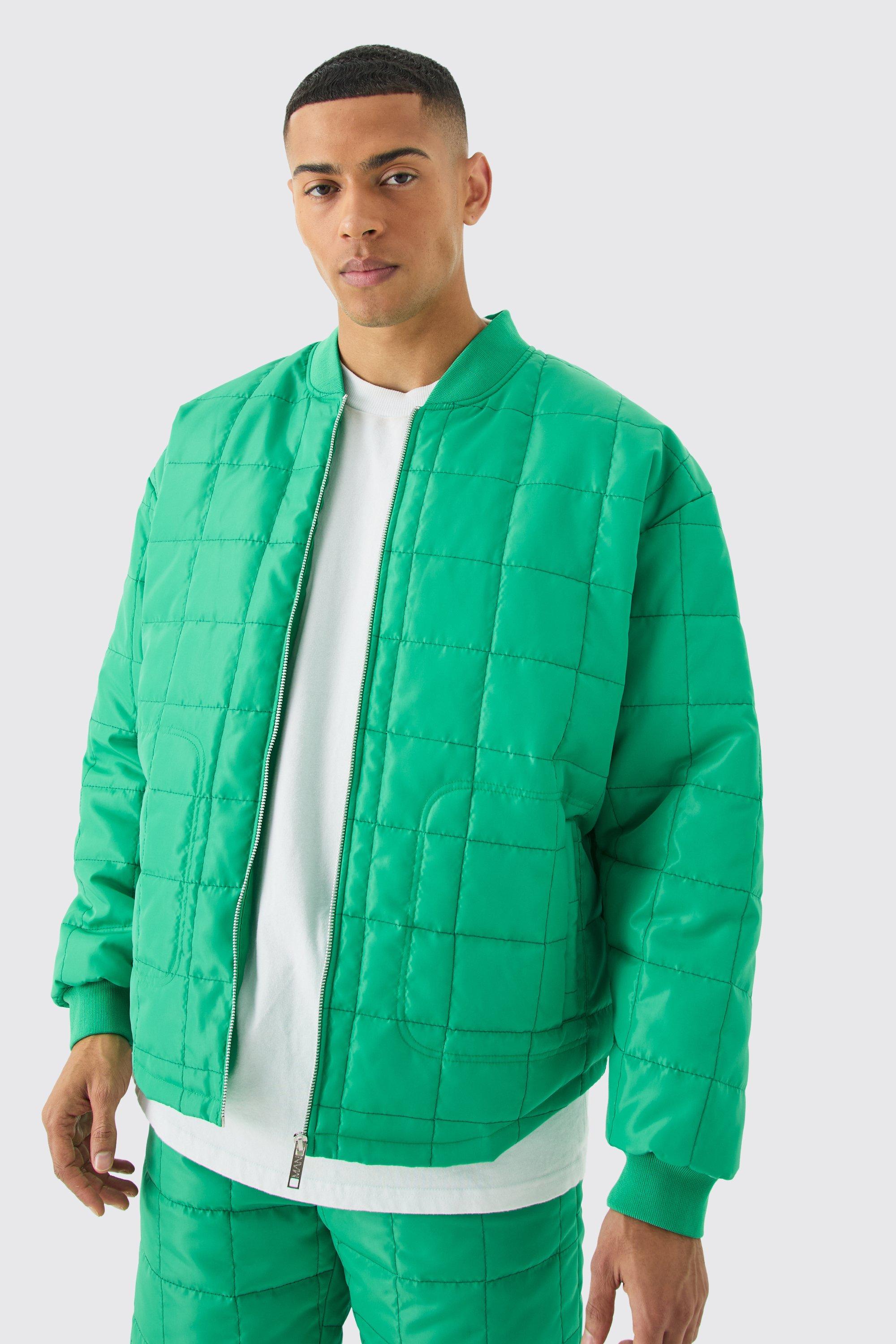 Green Square Quilted Oversized Pocket Bomber Jacket