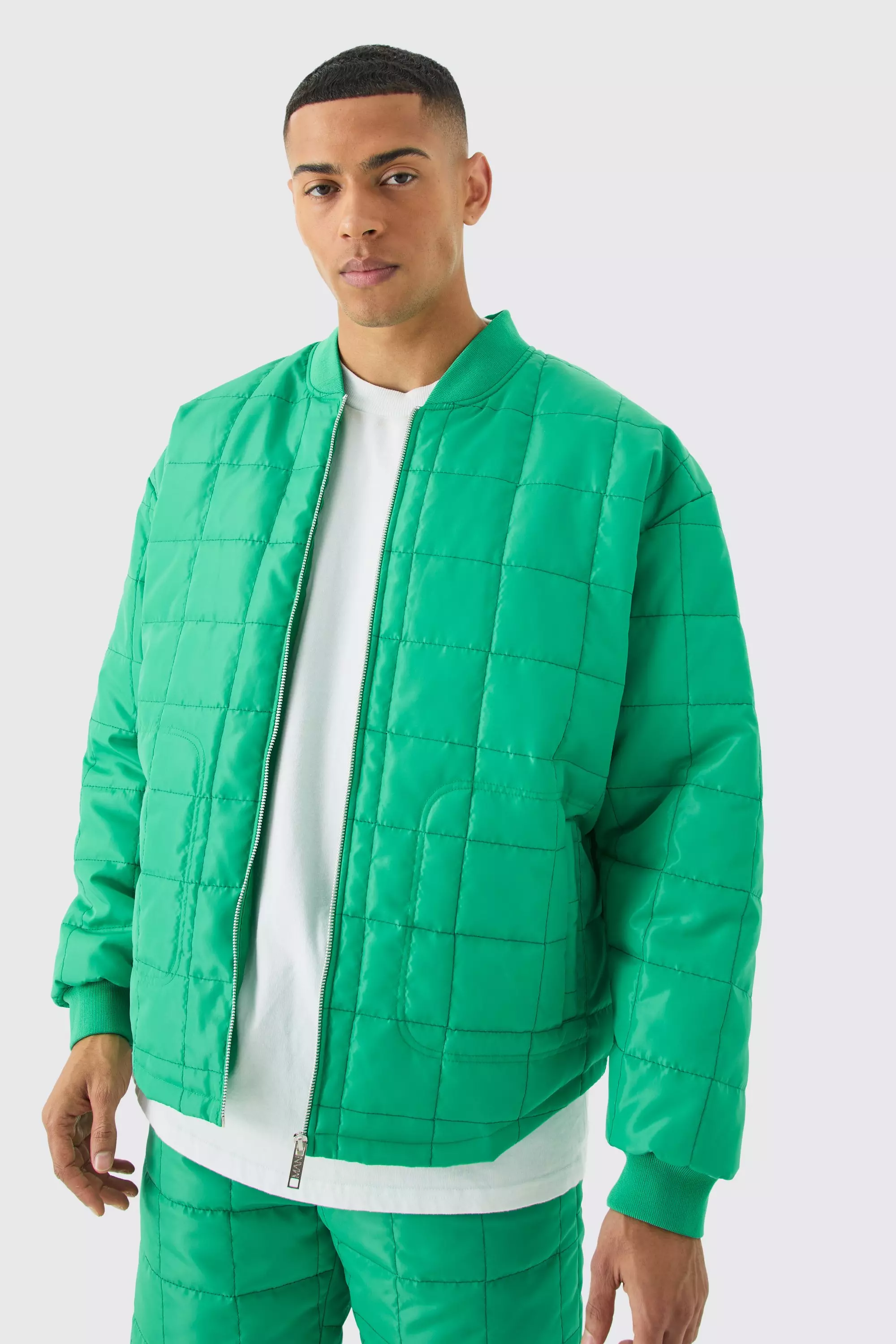 Square Quilted Oversized Pocket Bomber Jacket Green