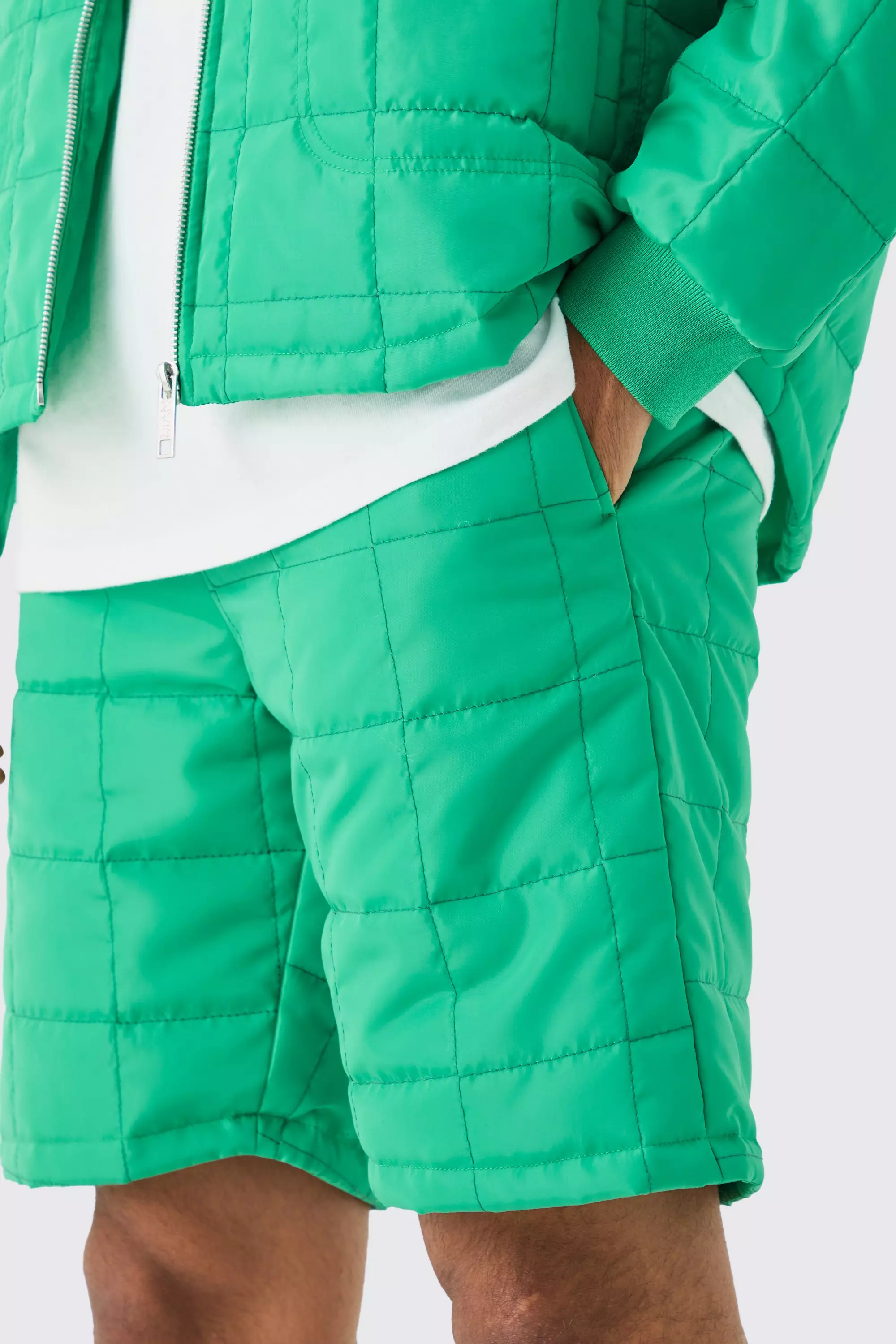 Teal Vierkante Gewatteerde Shorts Met Stiksels En Lus alternatieve afbeelding