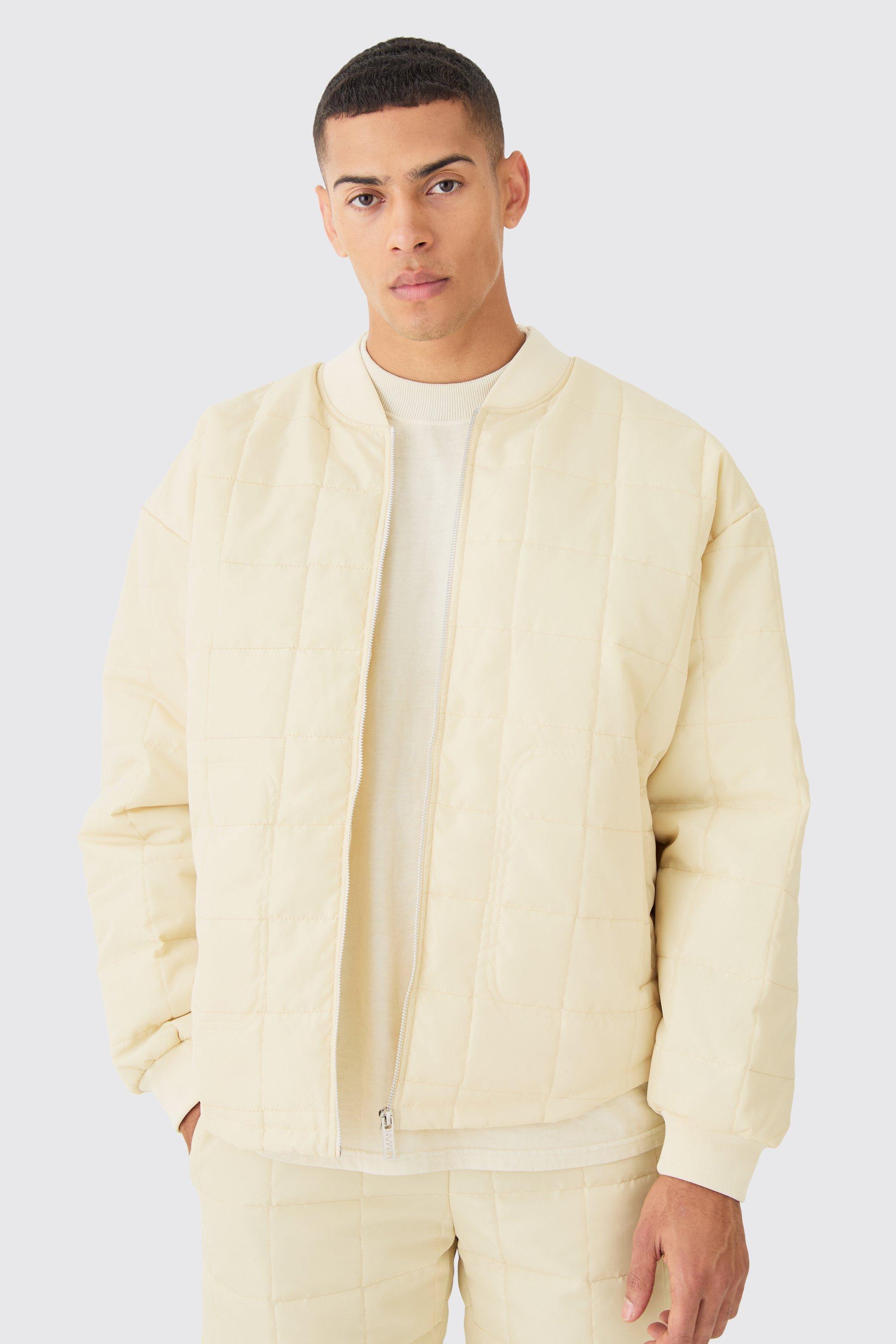 Off white Oversized Gewatteerd Bomberjack Met Vierkante Stiksels En Zakken