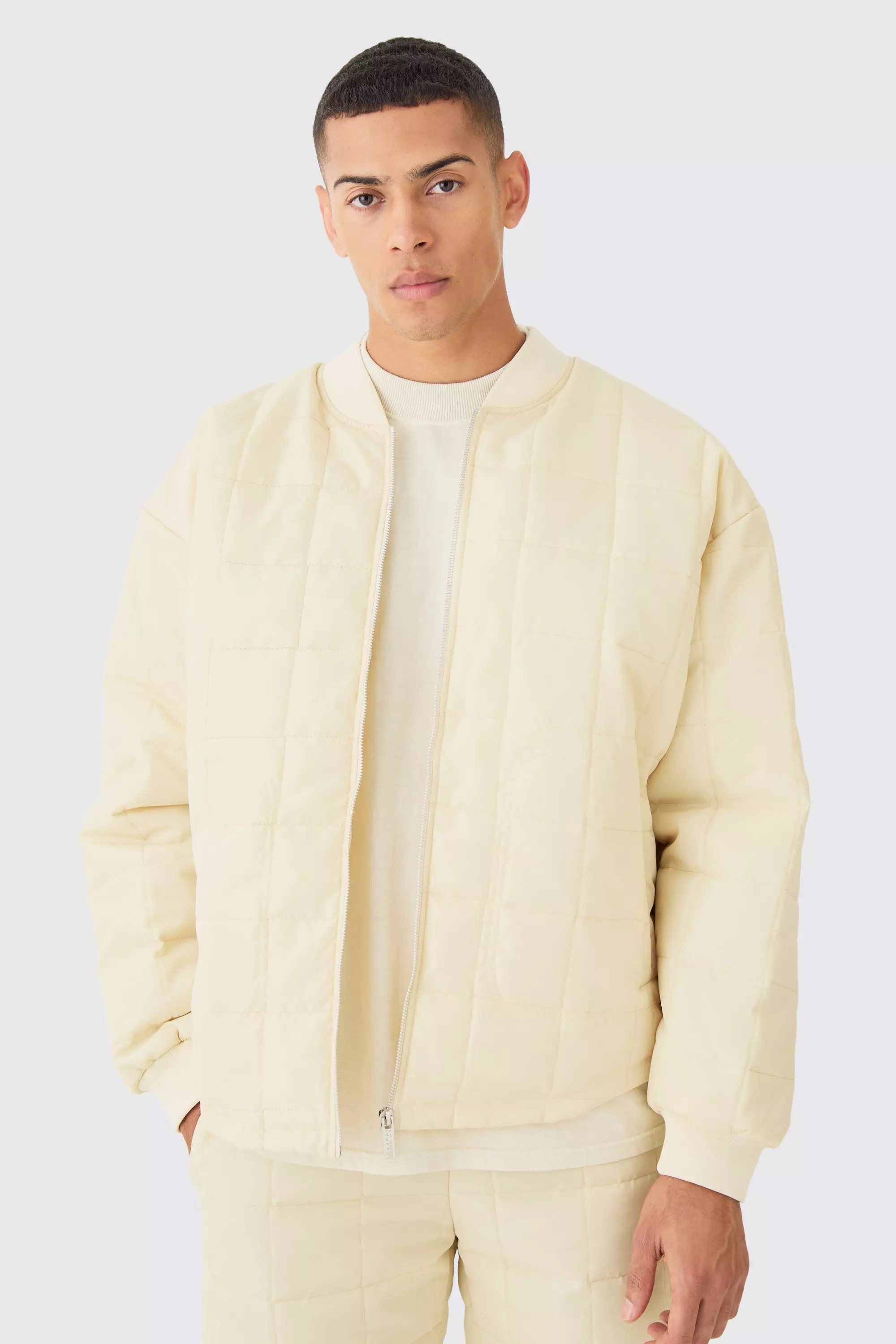 Square Quilted Oversized Pocket Bomber Jacket Off white