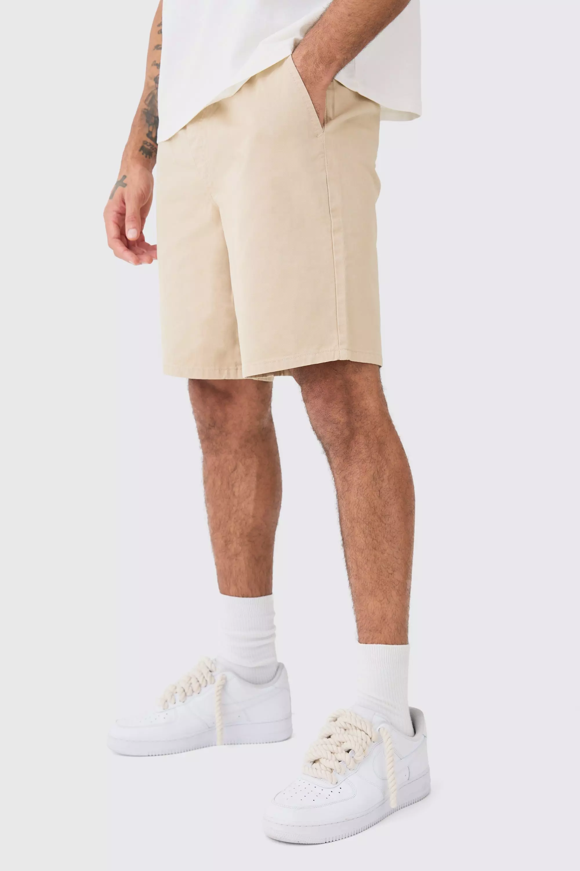 Relaxed Fit Elasticated Waist Chino Shorts in Stone Stone