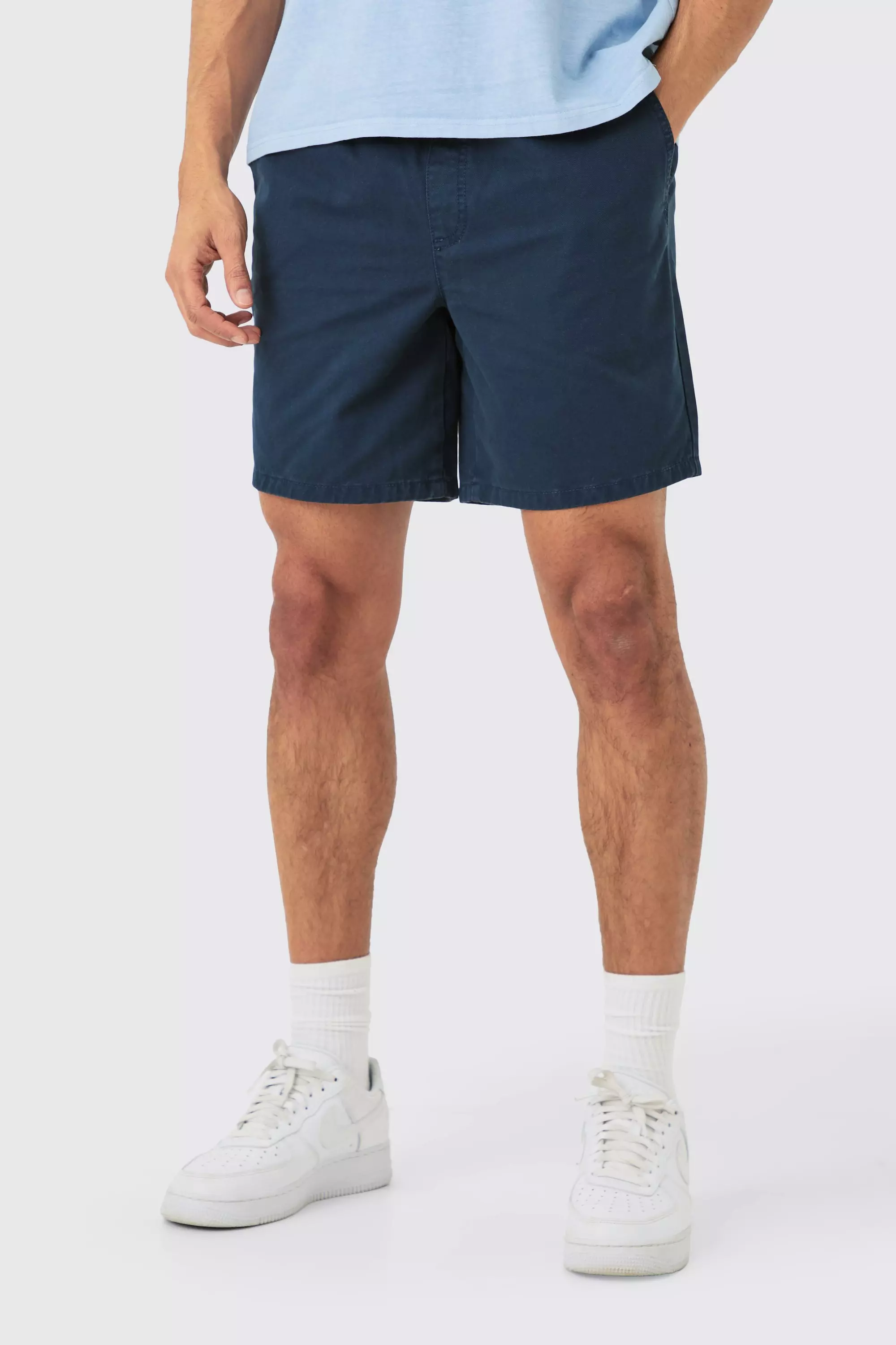 Shorter Length Relaxed Fit Elasticated Waist Chino Shorts in Navy Navy